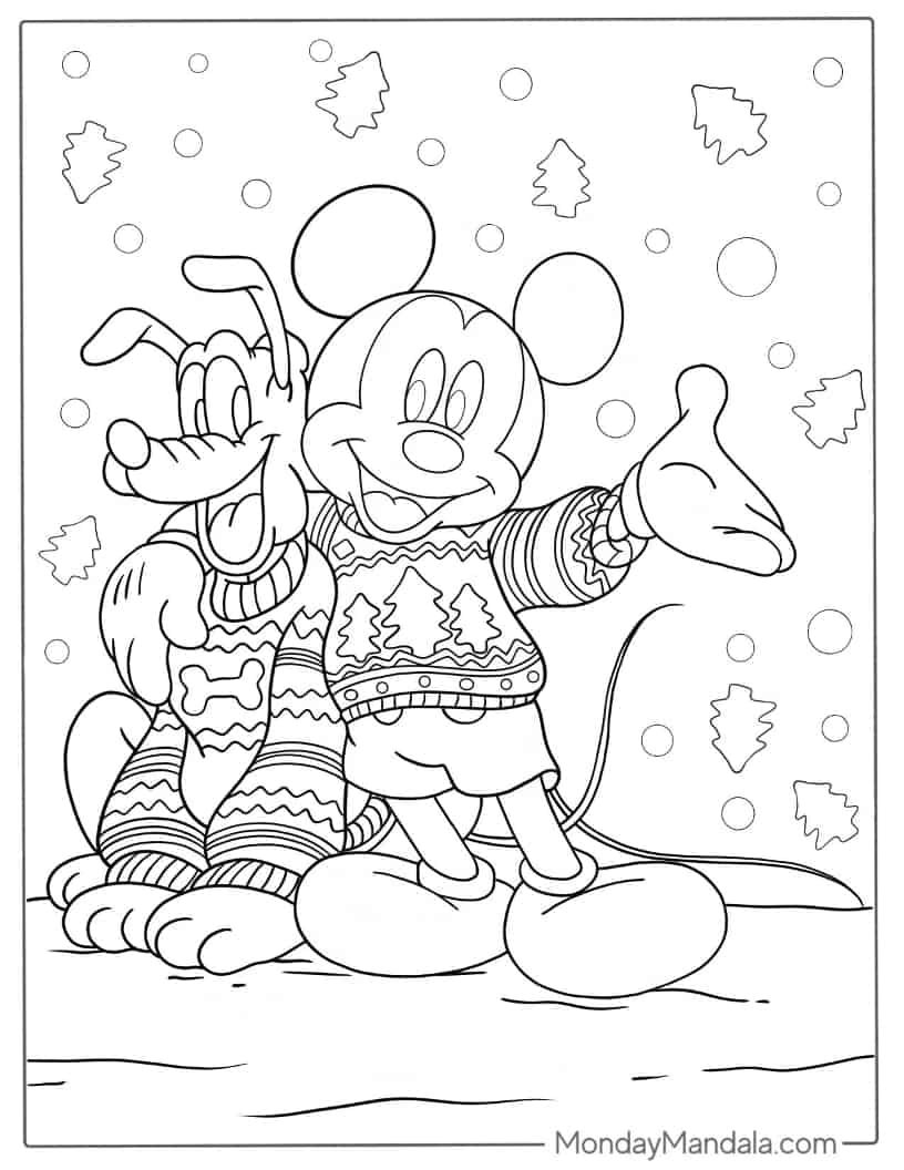 Christmas coloring page of Mickey Mouse And Pluto Wearing Christmas Sweaters coloring page