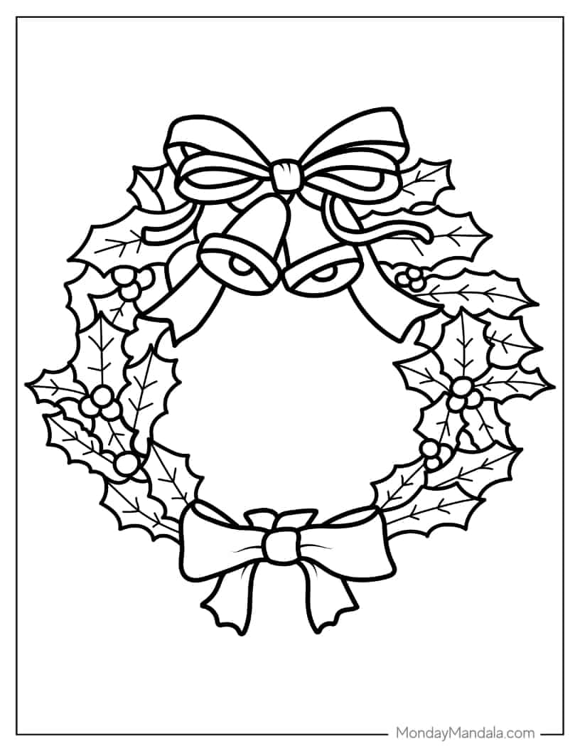 Christmas coloring page of Mistletoe Wreath With Bow And Bells coloring page
