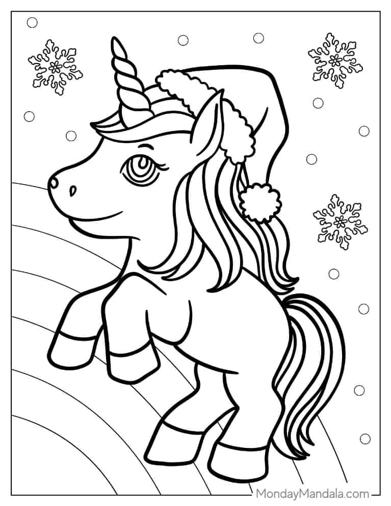 Christmas coloring page of Outline Of Unicorn With Santa Hat coloring page