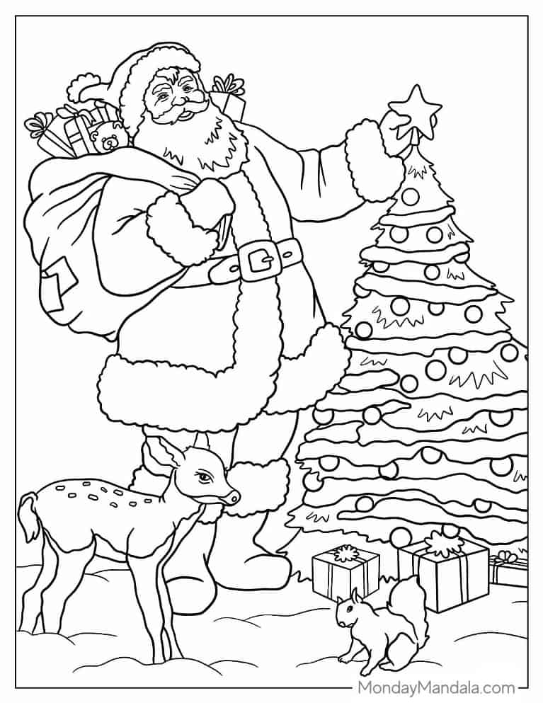Christmas coloring page of Santa Claus Beside Christmas Tree coloring page