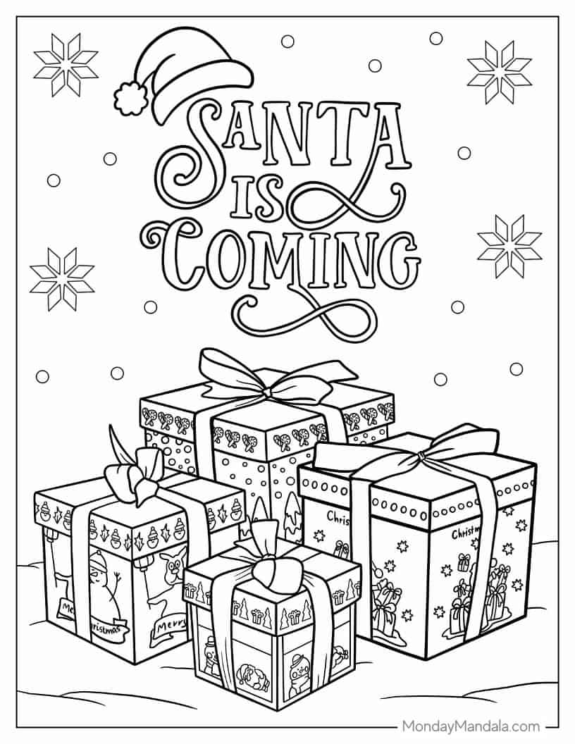 Christmas coloring page of Santa Is Coming Words Above Christmas Presents coloring page