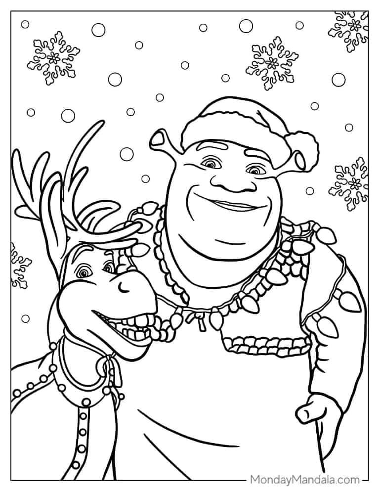 Christmas coloring page of Shrek And Donkey With Christmas Lights coloring page