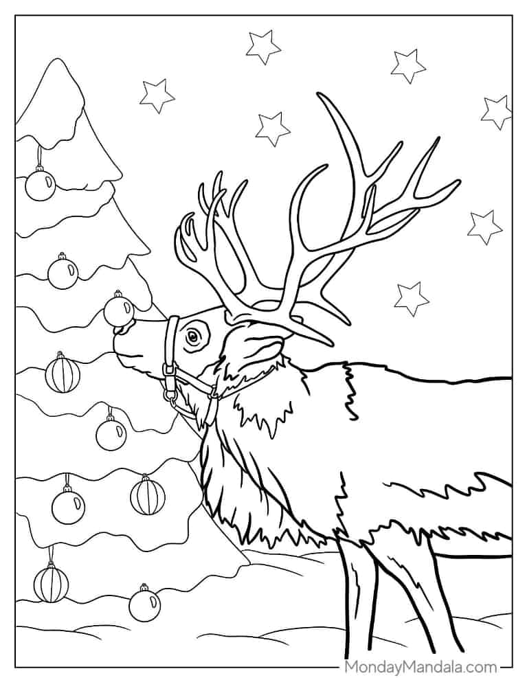 Christmas coloring pages of Reindeer Sniffing Christmas Tree coloring page