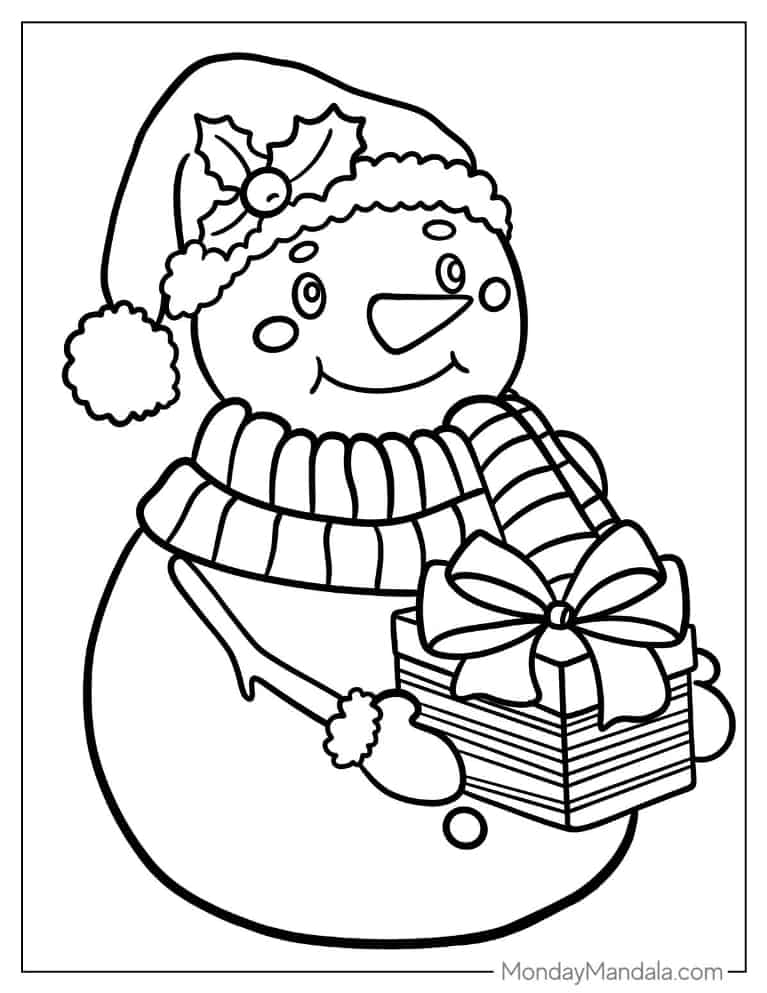Christmas coloring pages of Snowman Holding Christmas Present coloring page