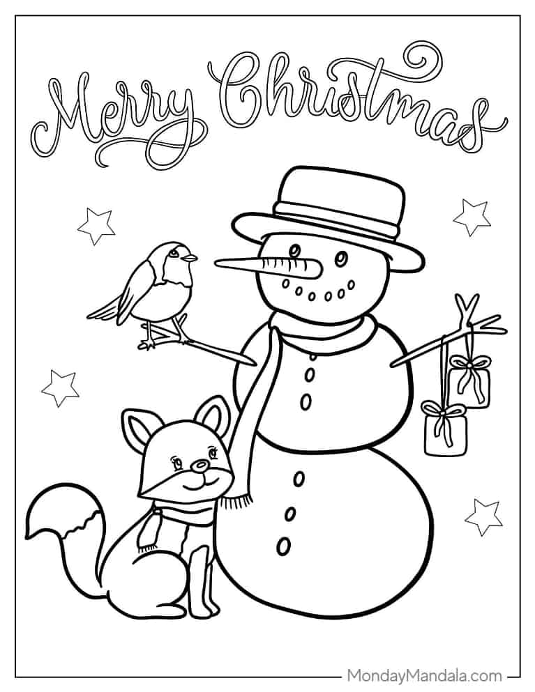 Christmas coloring pages of Snowman With Bird And Fox coloring page