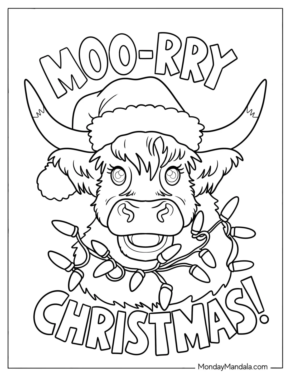 Christmas Cow in Santa Hat Covered in String Lights Coloring Sheet coloring page
