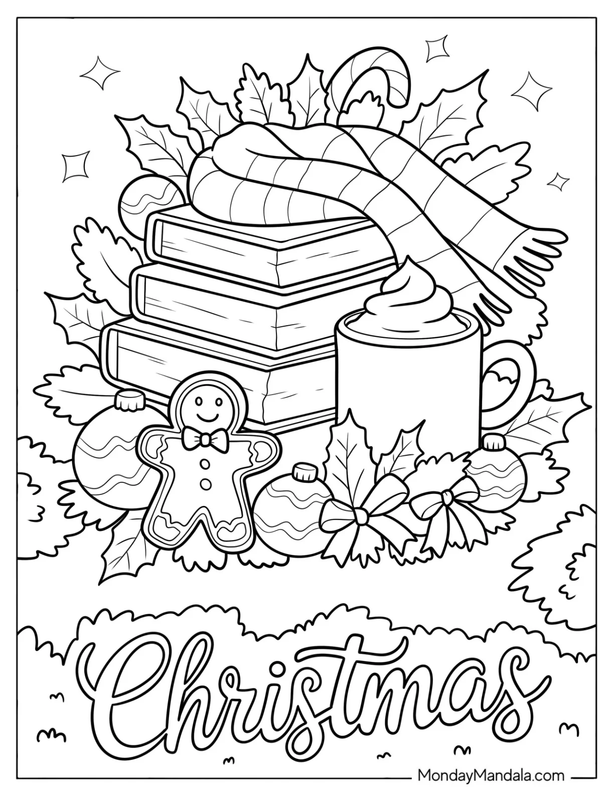 Christmas Wreath with Books, Scarf, Baubles, Hot Chocolate, and Gingerbread Man coloring page