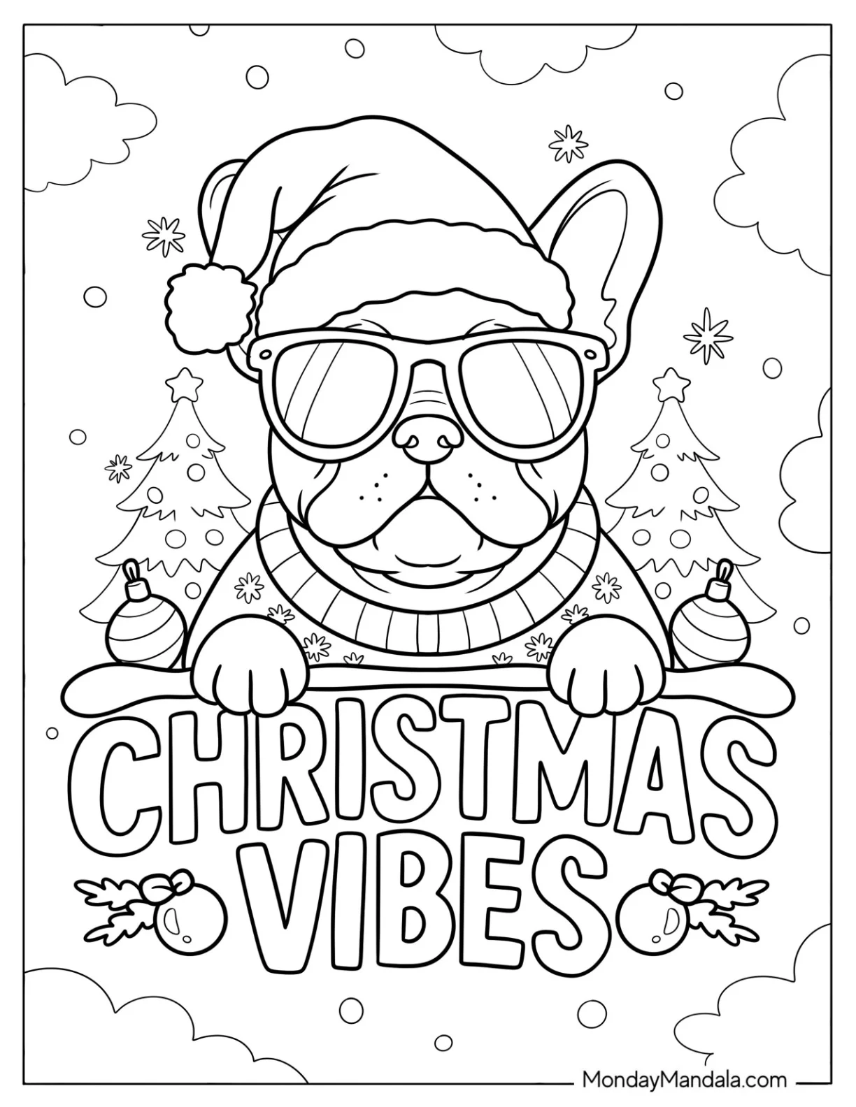 Cool Dog with Santa Hat on a Christmas Greeting Coloring Sheet coloring page