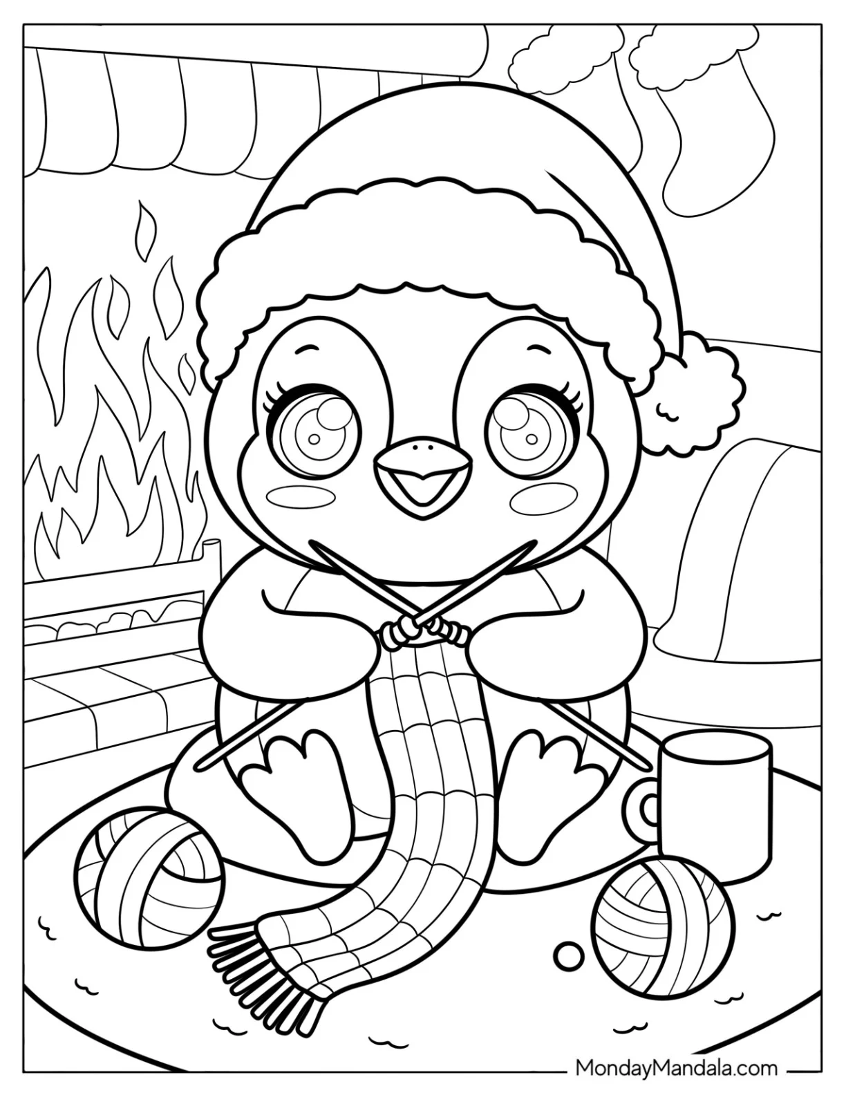 Cozy Penguin in Santa Hat Knitting Coloring Sheet coloring page