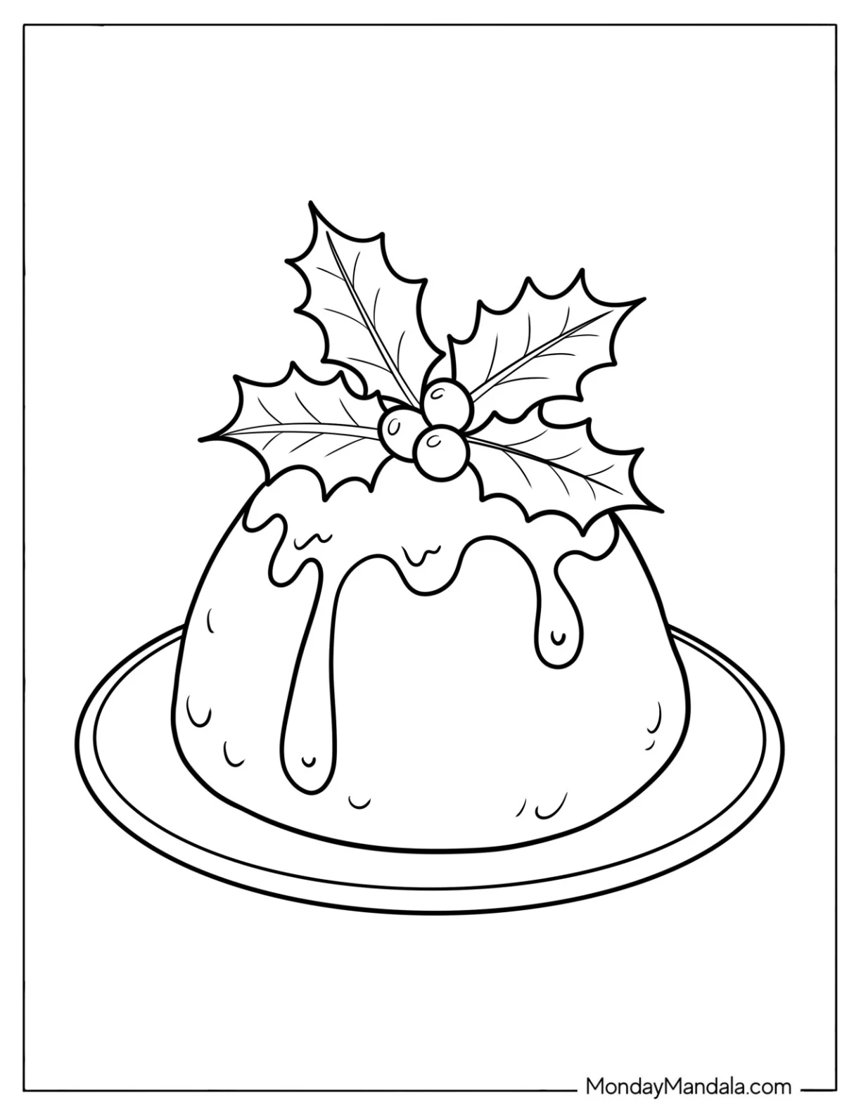 Easy Christmas Pudding with Hollies on Top Coloring Page for Kids coloring page