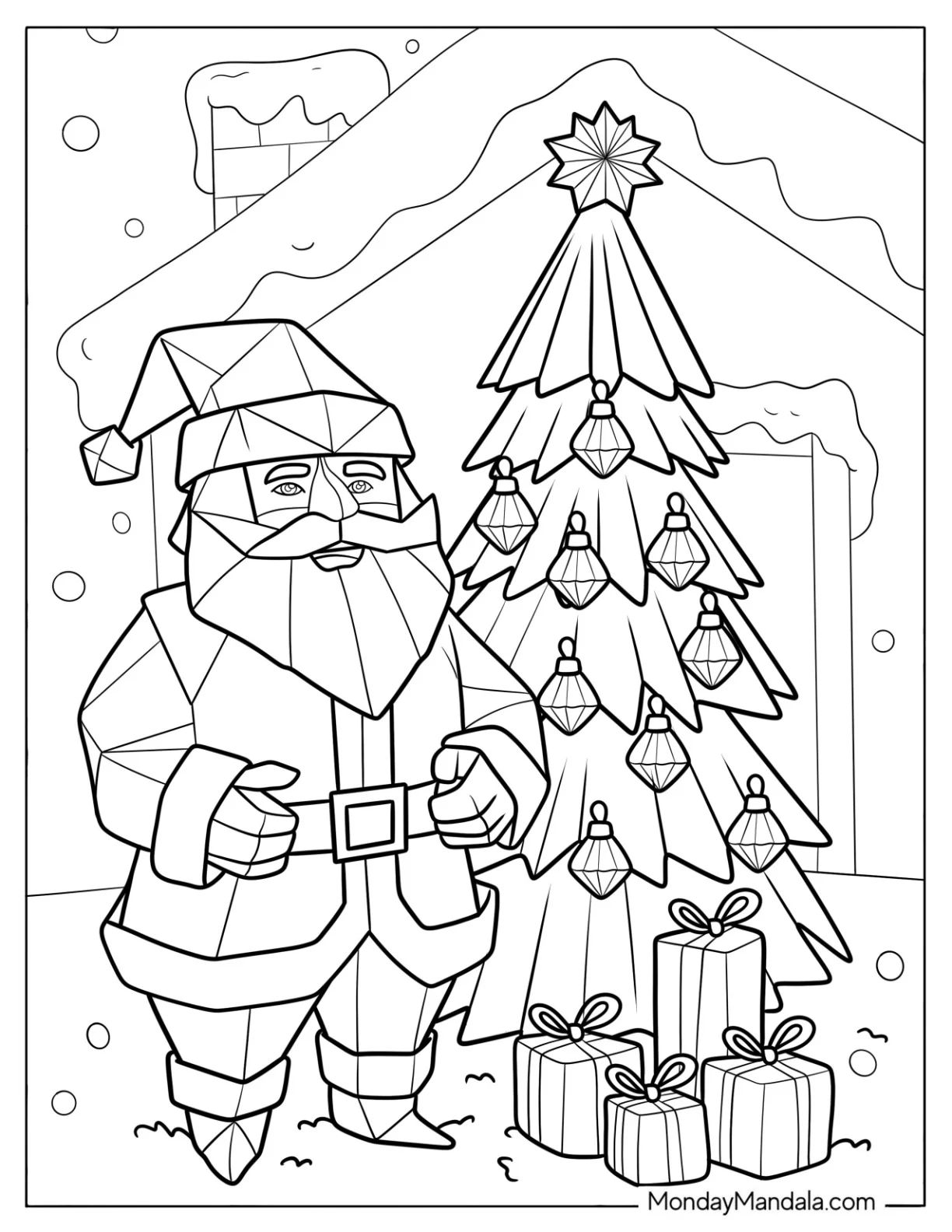 Geometric Santa Standing Next to a Christmas Tree coloring page