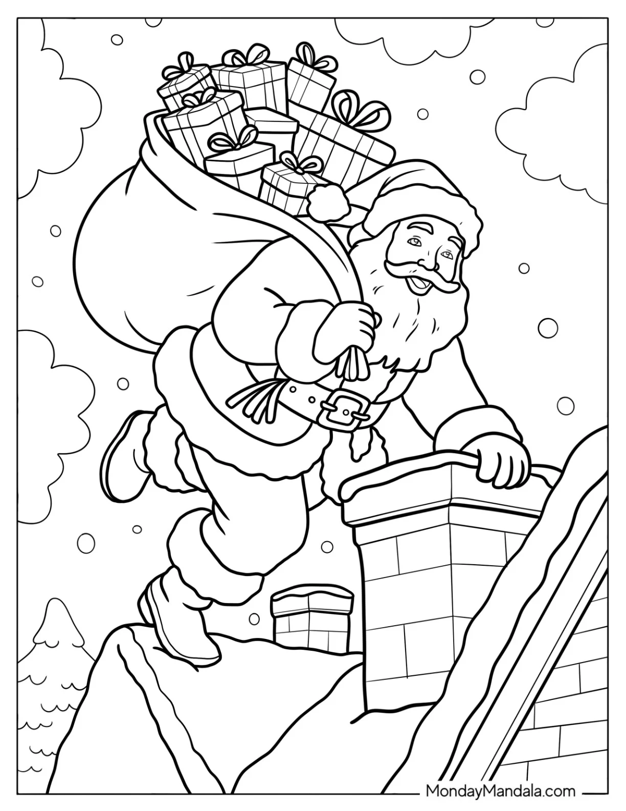Jolly Santa Landing on a Snowy Roof with Presents coloring page