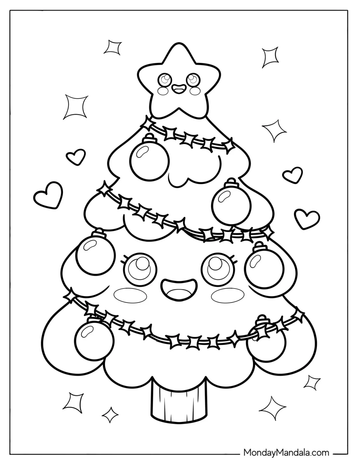 Kawaii Christmas Tree with Sparkles and Love Hearts Coloring Sheet for Preschoolers coloring page