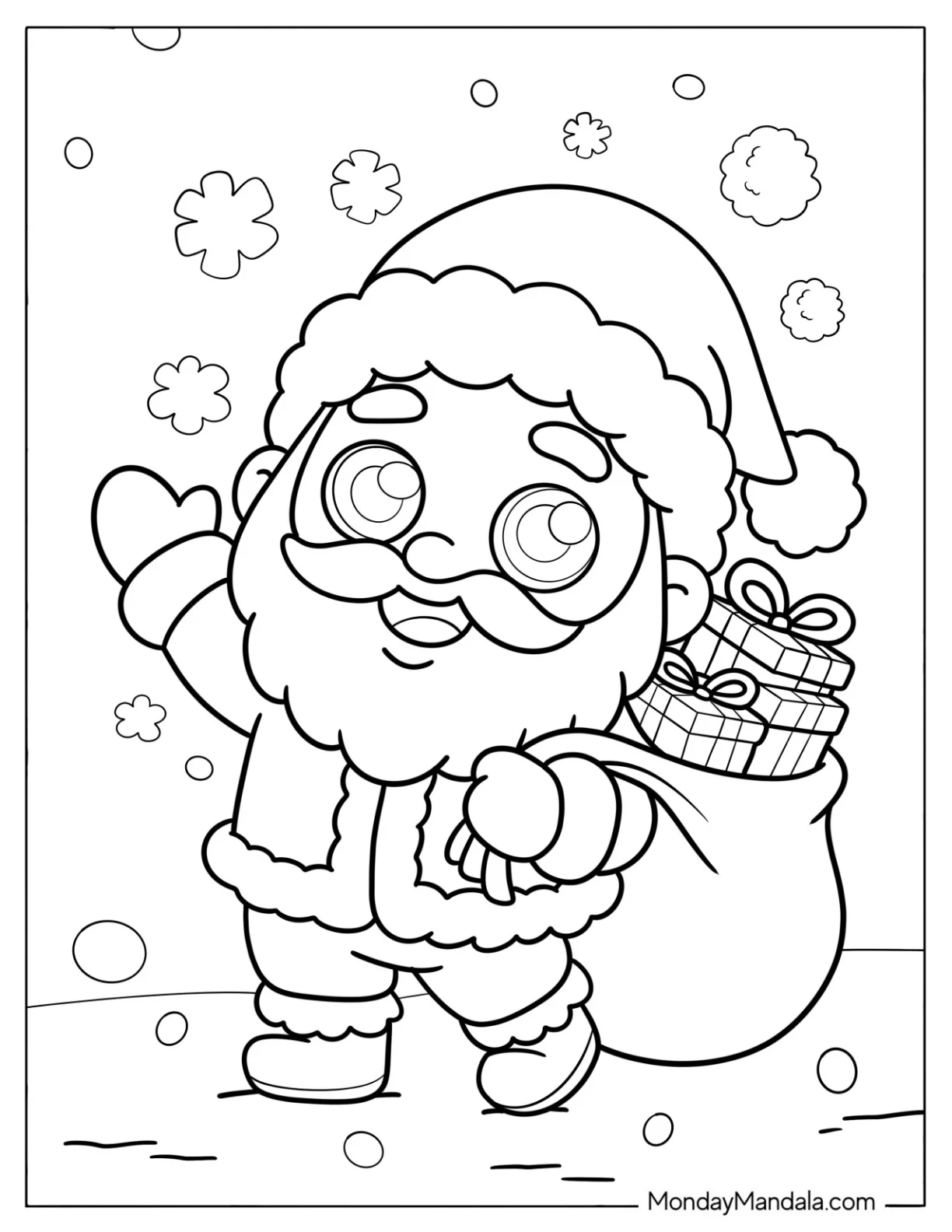 Kawaii Waving Santa with Sack of Presents Coloring Page for Preschoolers coloring page