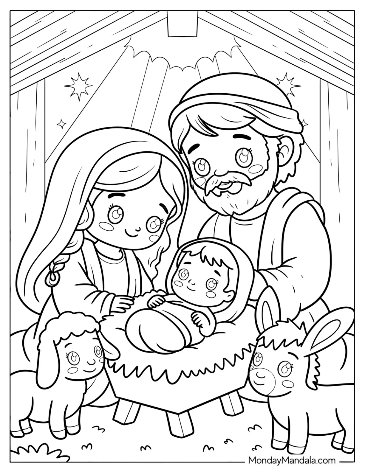 Mama Mary, Joseph, and Baby Jesus in a Manger on Christmas coloring page