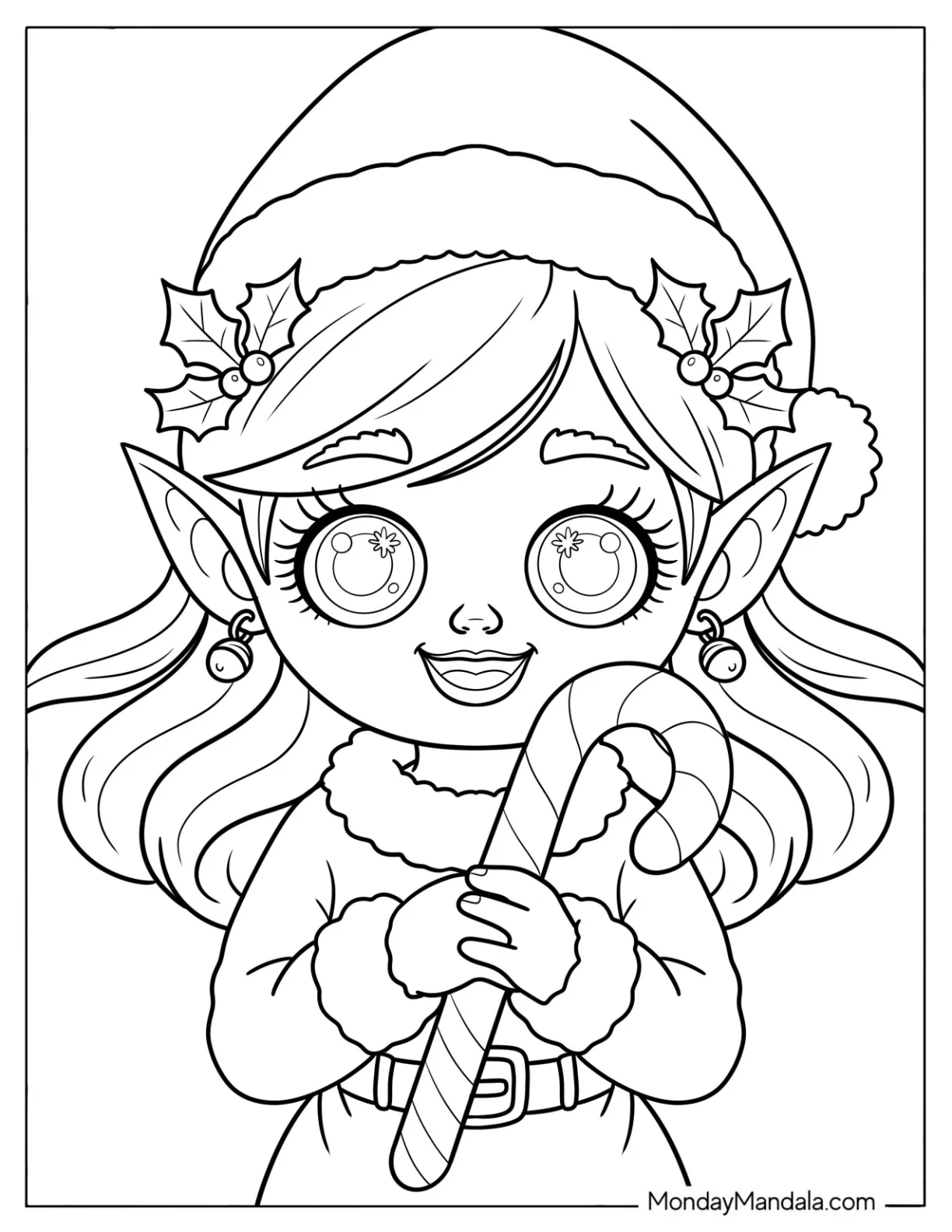 Pretty Elf Holding a Candy Cane Coloring Page for Kids coloring page