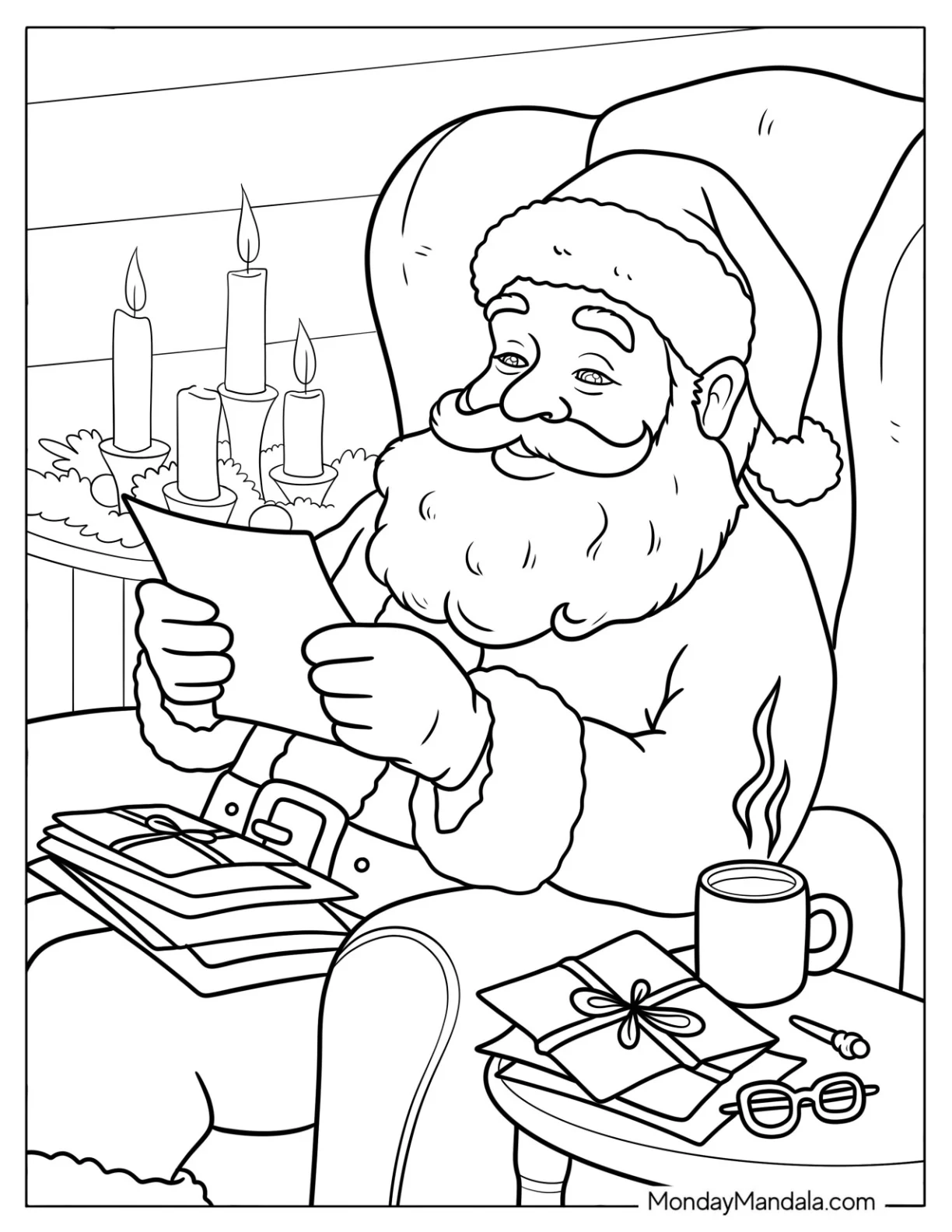 Santa Smiling as He Reads Christmas Wishes Coloring Sheet coloring page