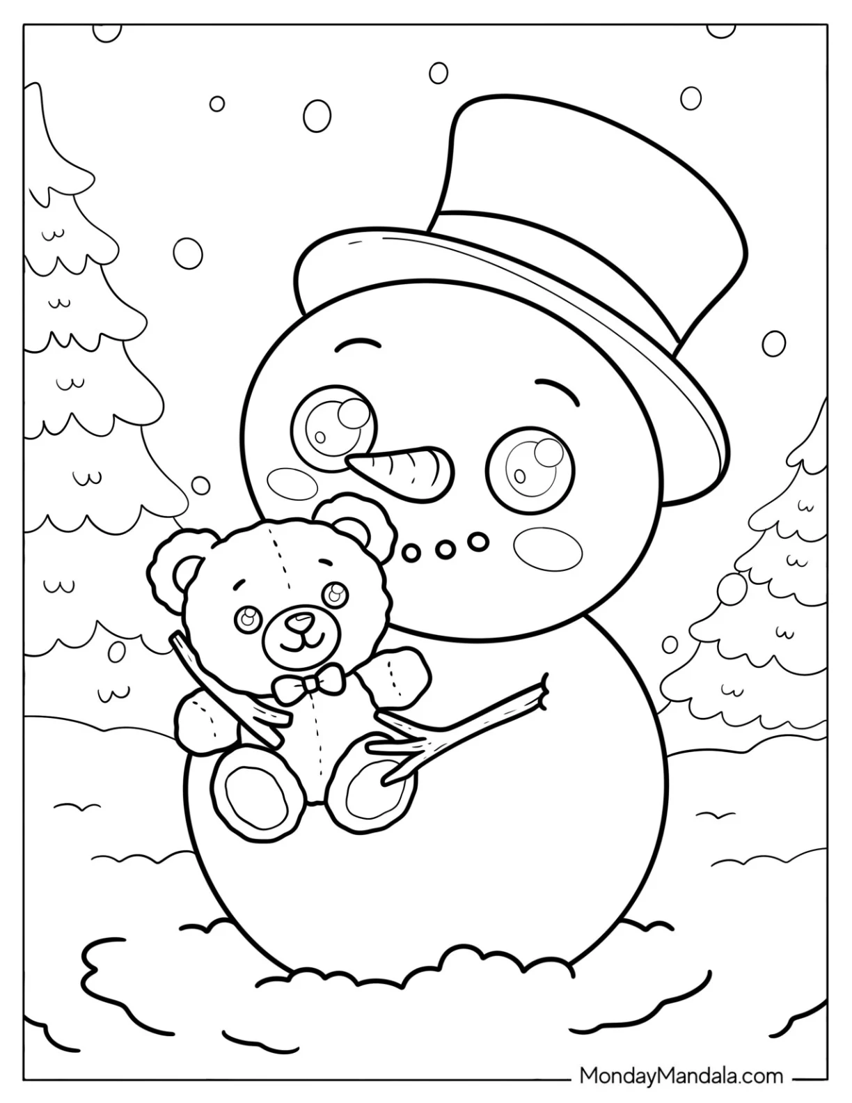 Sweet Snowman Hugging a Teddy Bear Coloring Page for Preschoolers coloring page