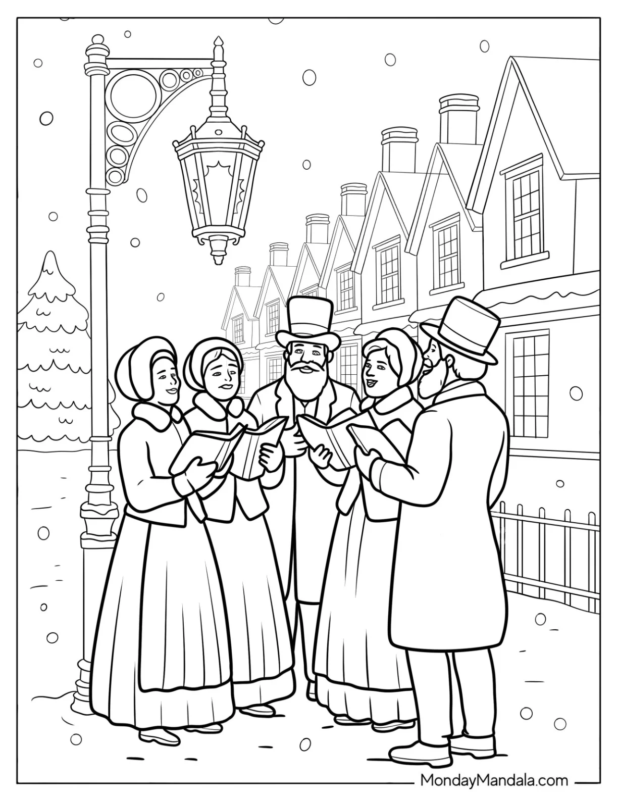 Victorian Choir Singing Christmas Carols Under a Lamp Post Coloring Page coloring page