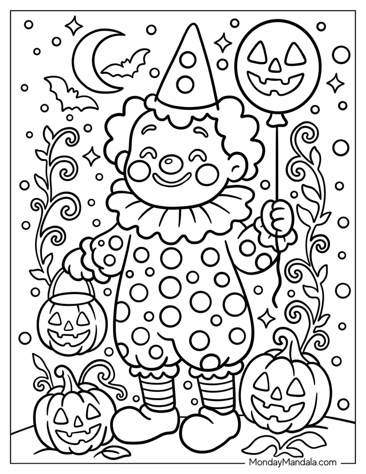 Adorable Little Clown Coloring Page Surrounded By Jack o Lanterns, Bats, and Sparkles coloring page