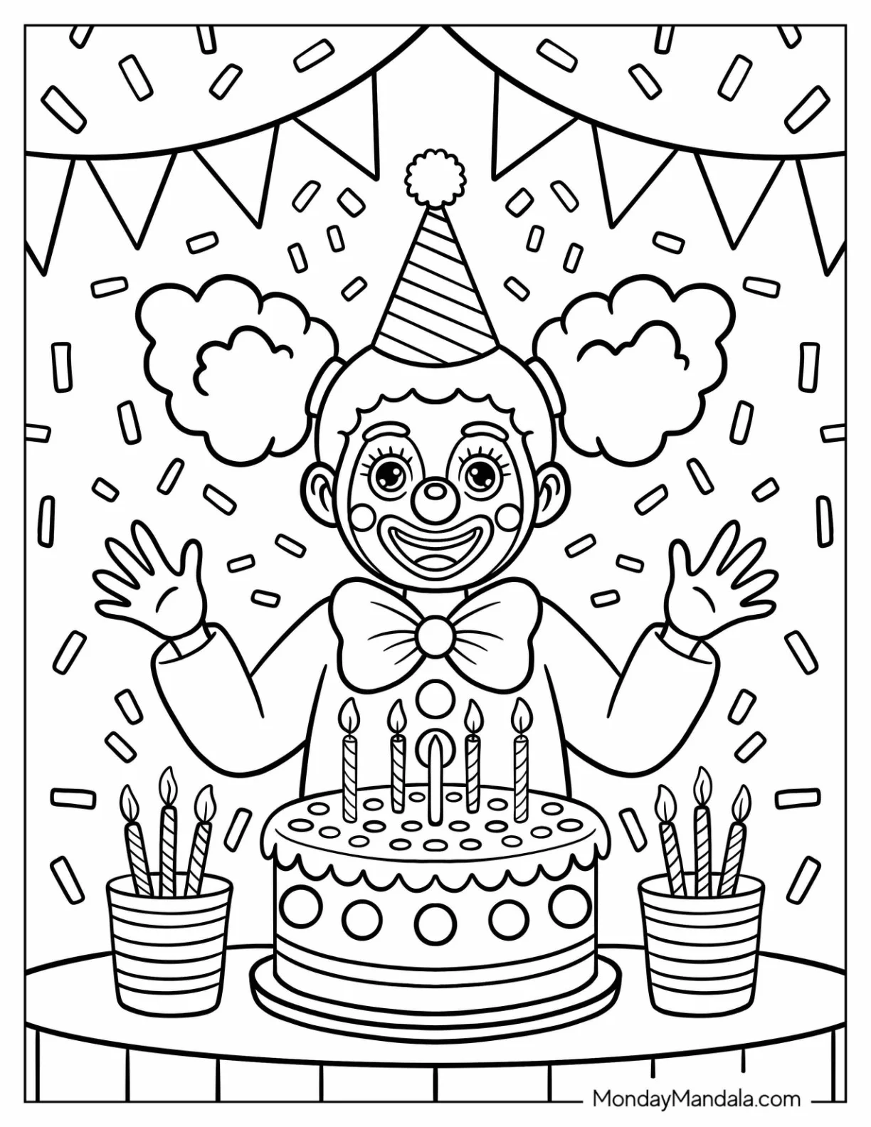 Birthday Clown Coloring Page Girl With A Large Cake for Kids coloring page