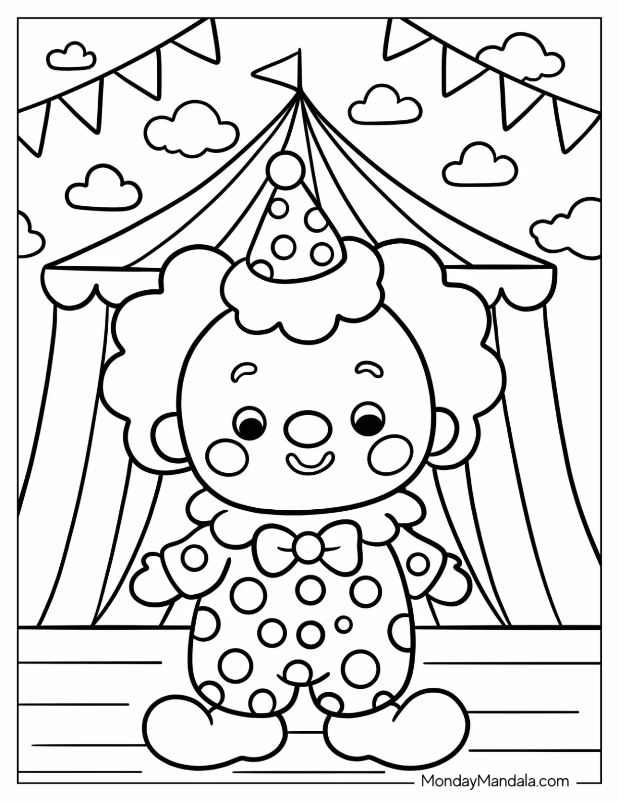 Chibi Clown in Polka Dot Costume in Front of Circus Tent Coloring Sheet for Preschoolers coloring page
