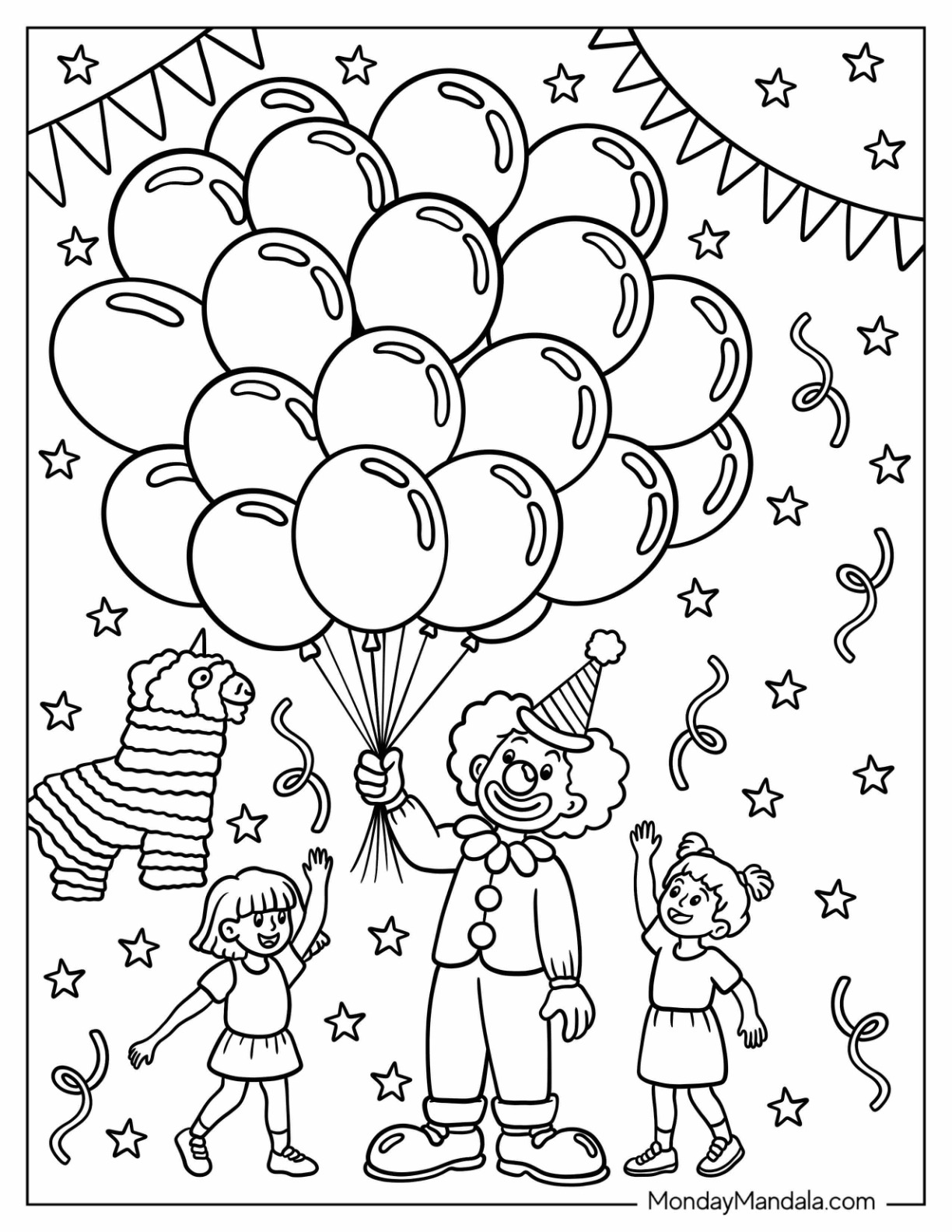 Clown Coloring Page Holding Massive Balloons For Two Little Girls coloring page