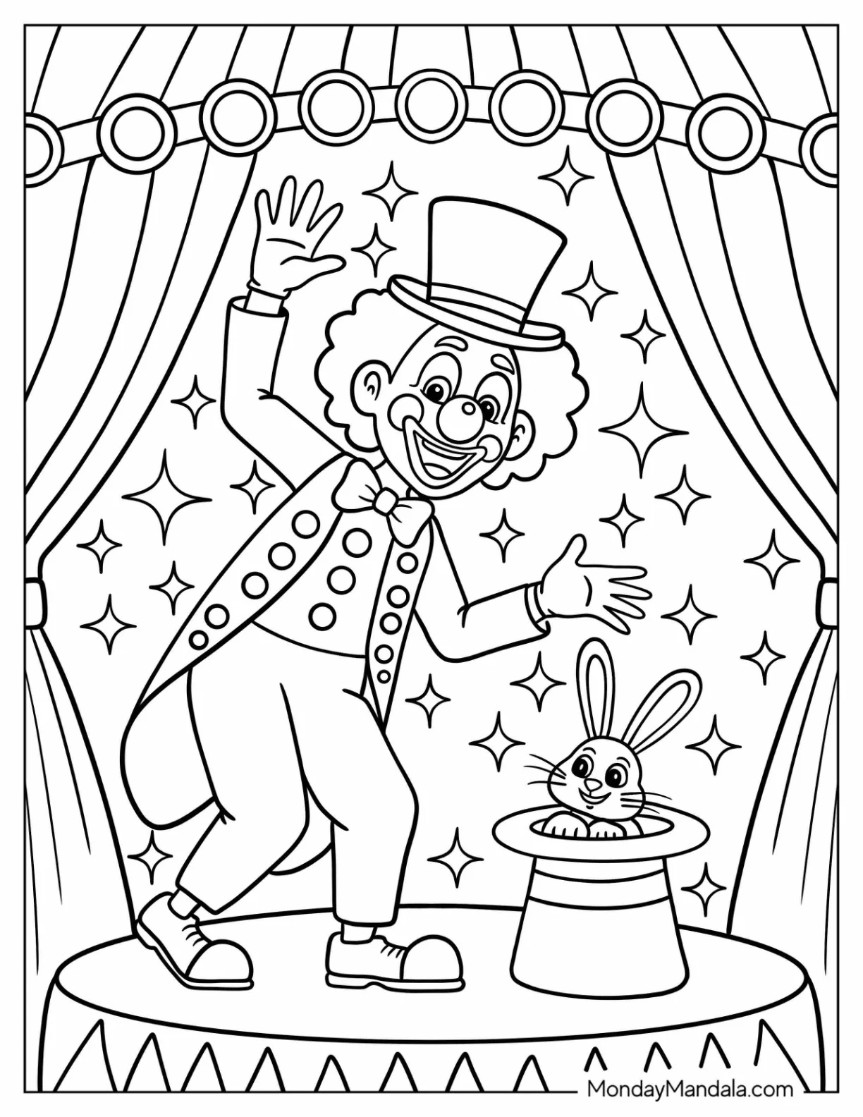Clown Coloring Page On Stage With A Rabbit In A Hat coloring page