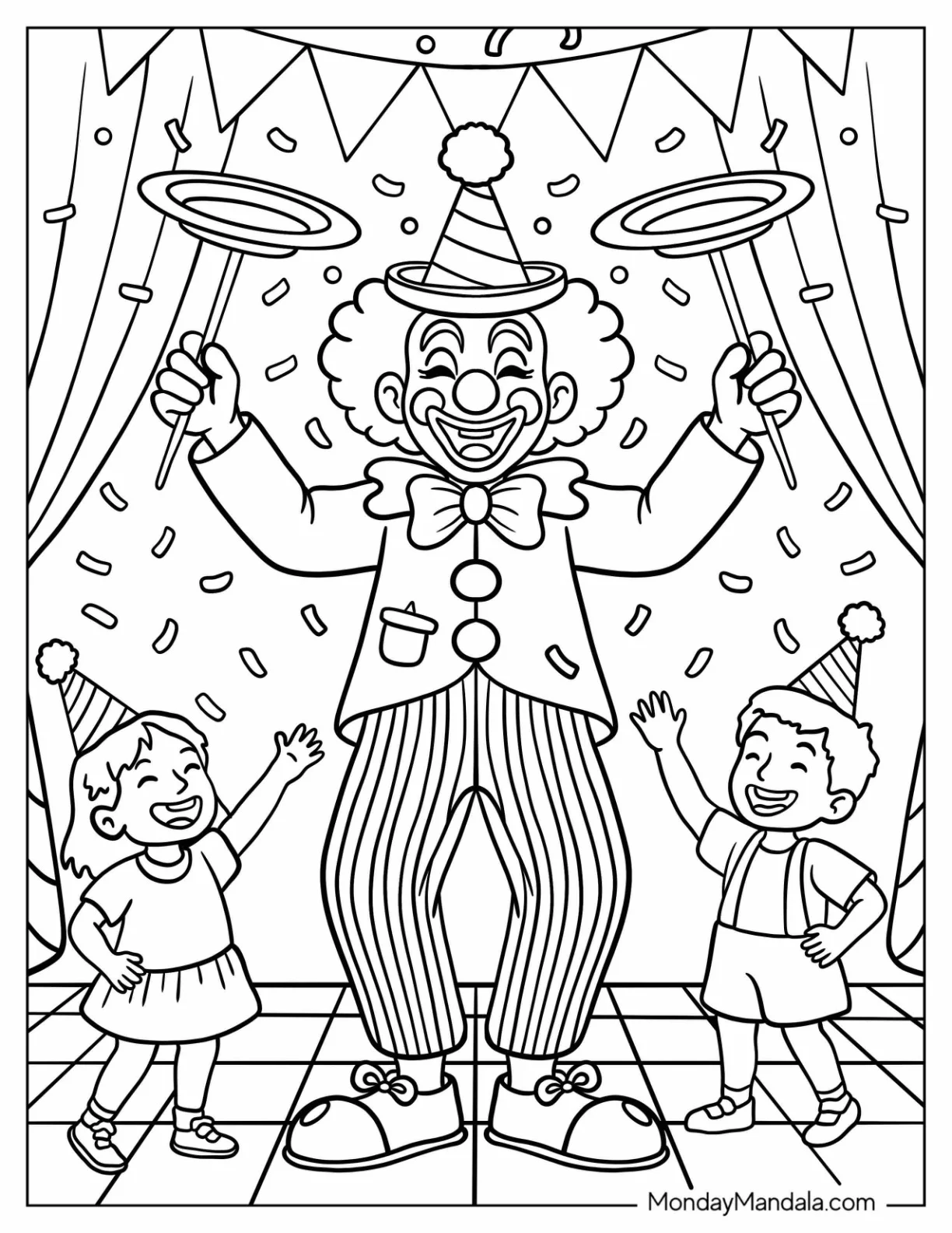 Clown Coloring Page Performing Tricks To Make Children Laugh Coloring coloring page — printable line art