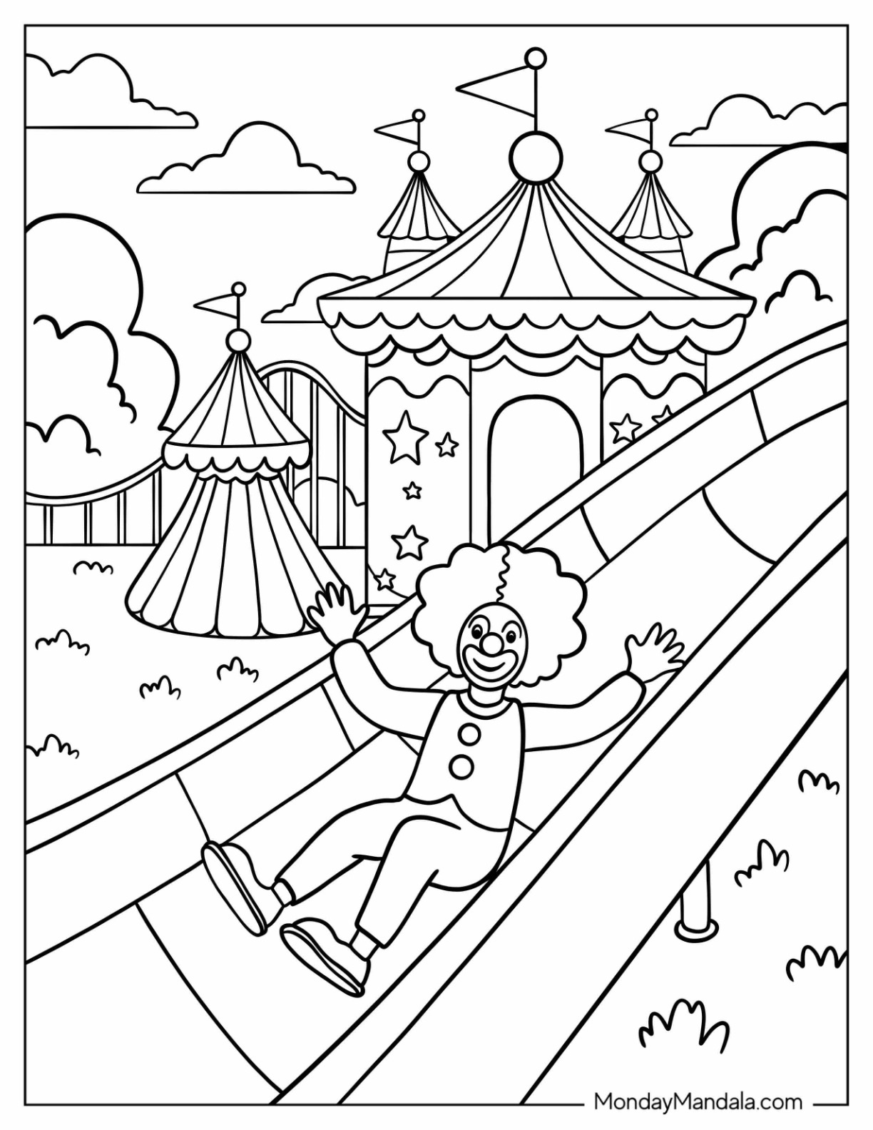 Clown Coloring Page Sliding Down A Massive Slide coloring page — printable line art