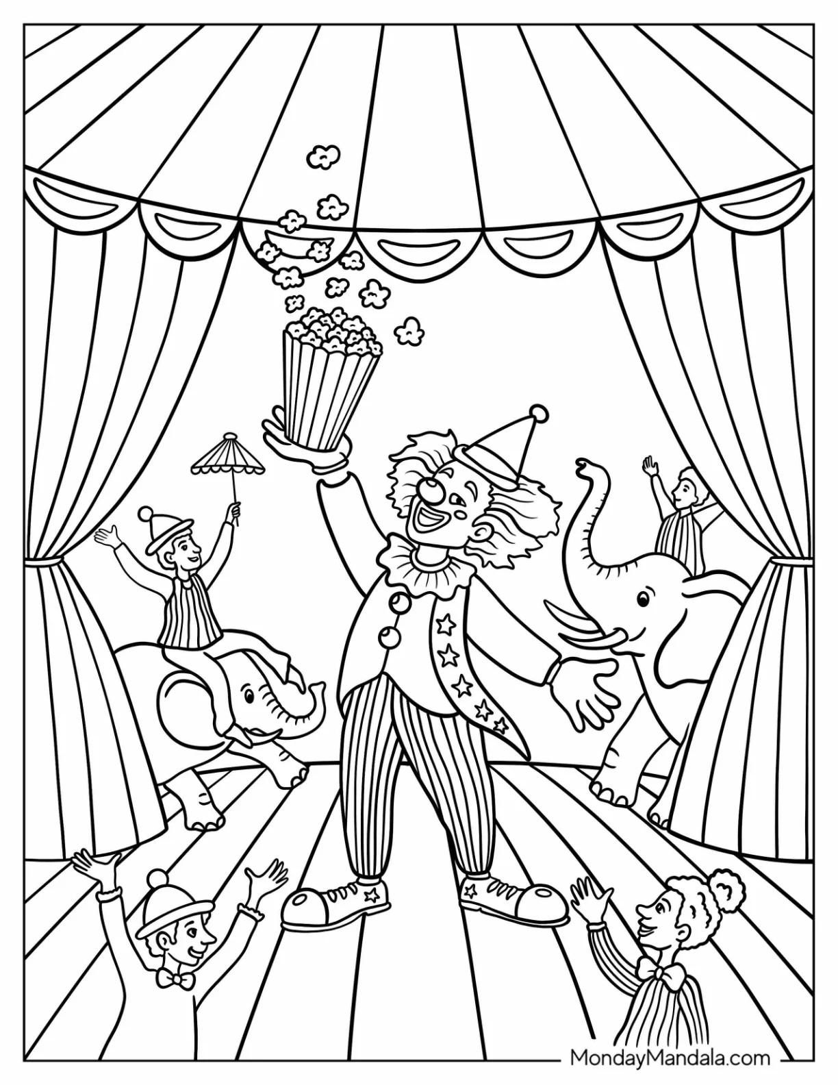 Clown Coloring Page Tossing Popcorn In The Air While Elephants Dance Behind Him And Crowds Cheer coloring page — printable line art