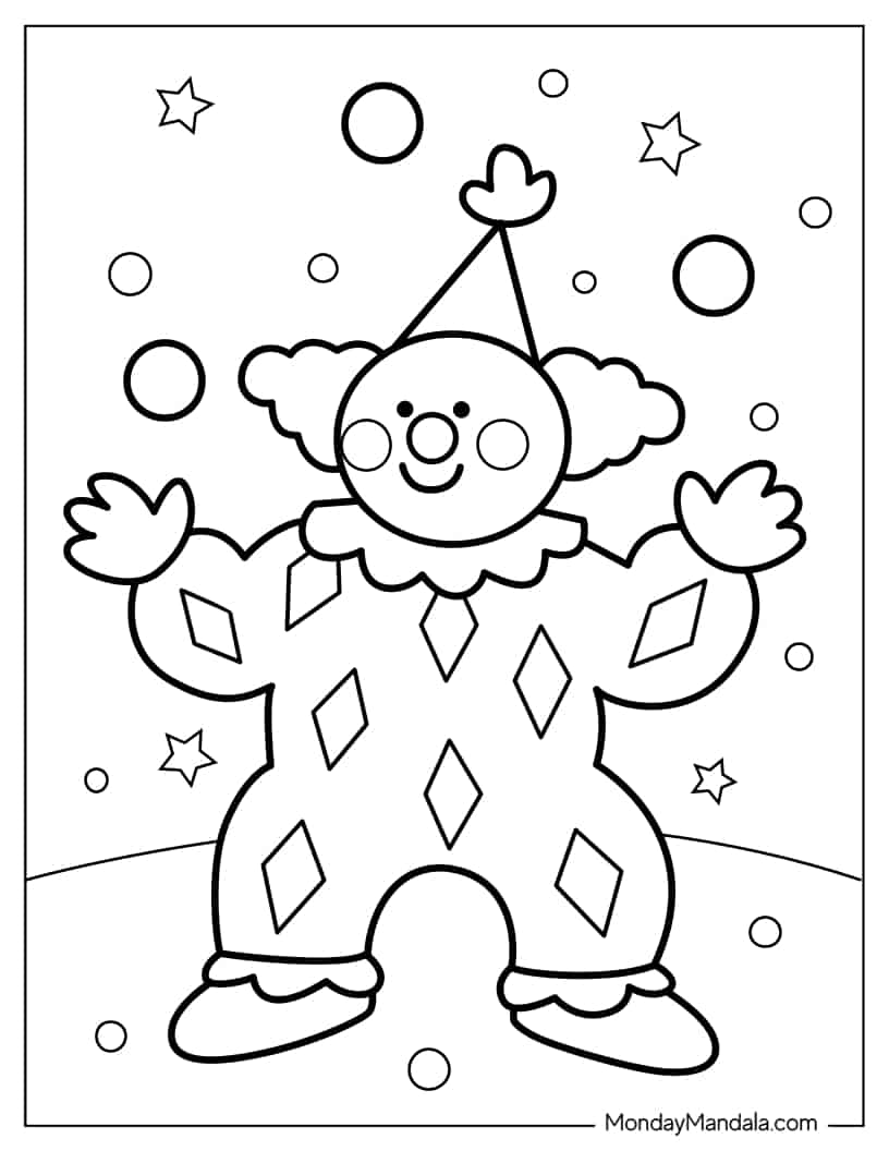 Cute Juggling Clown coloring page — printable line art