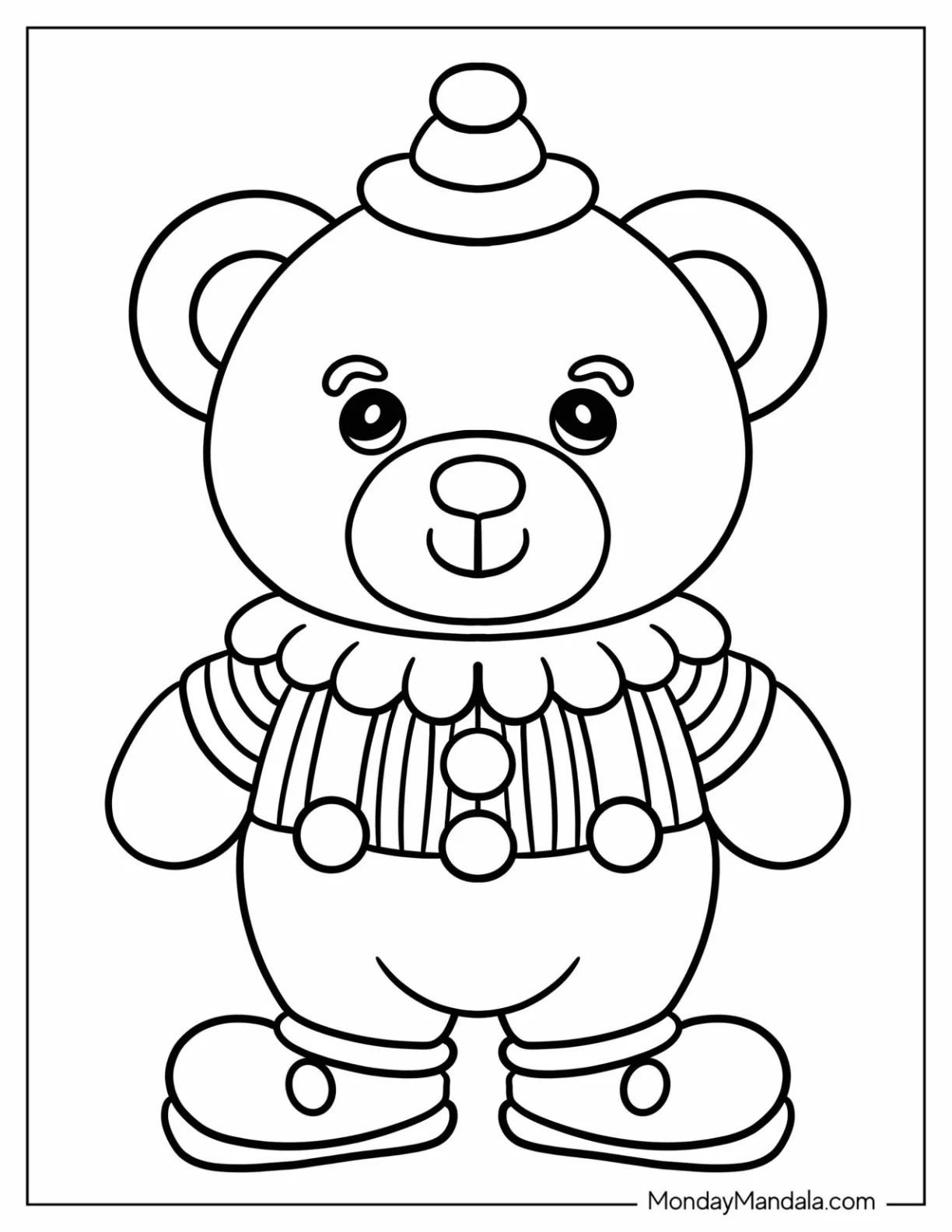 Easy Teddy Bear Clown Coloring Page With Tiny Hat for Preschoolers coloring page — printable line art