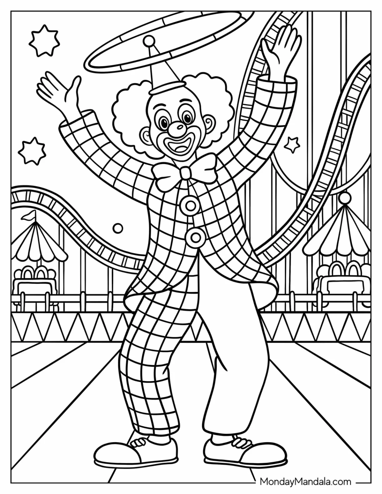 Energetic Clown Coloring Page In Striped Costume Standing In An Amusement Park coloring page