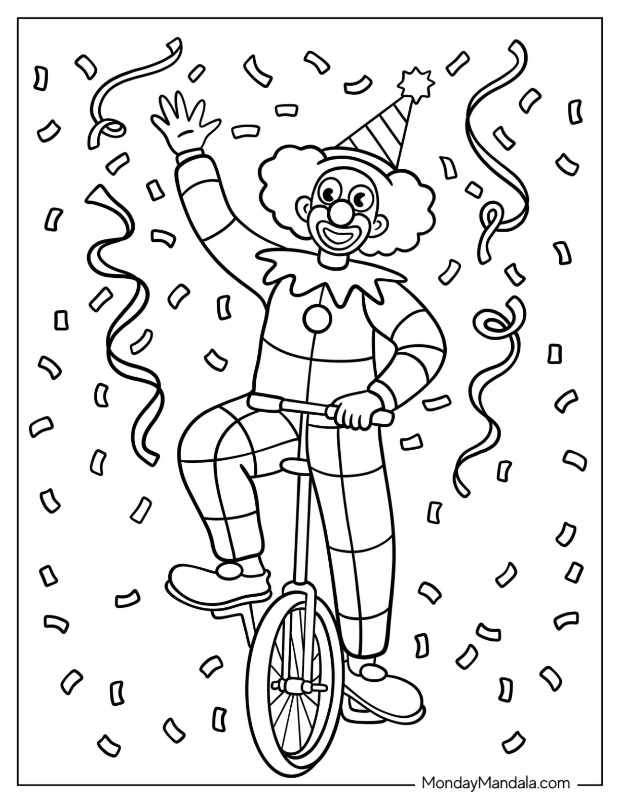 Friendly Clown Coloring Page Waving While Riding A Unicycle coloring page — printable line art