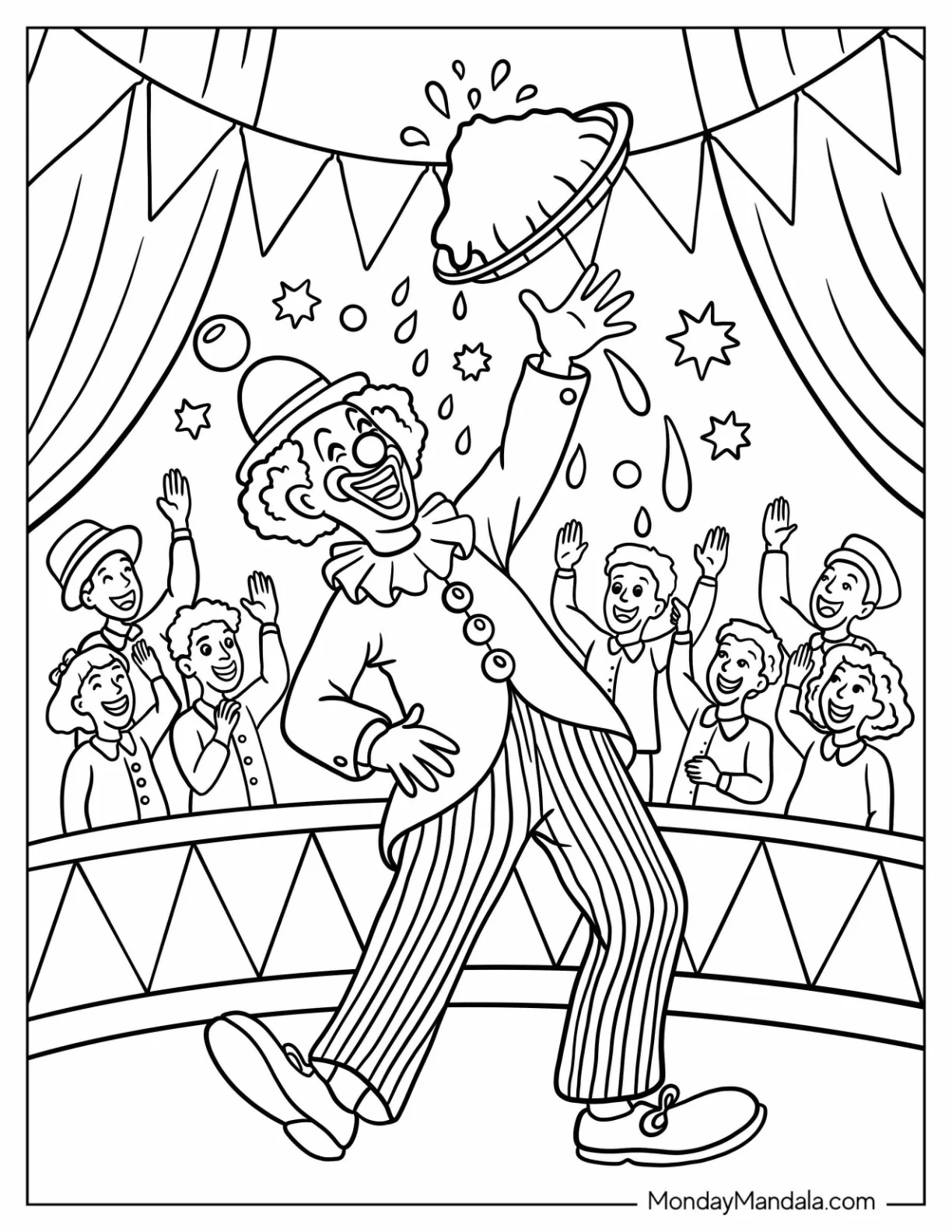 Funny Clown Coloring Page Throwing A Pie In The Air While People Cheer coloring page — printable line art