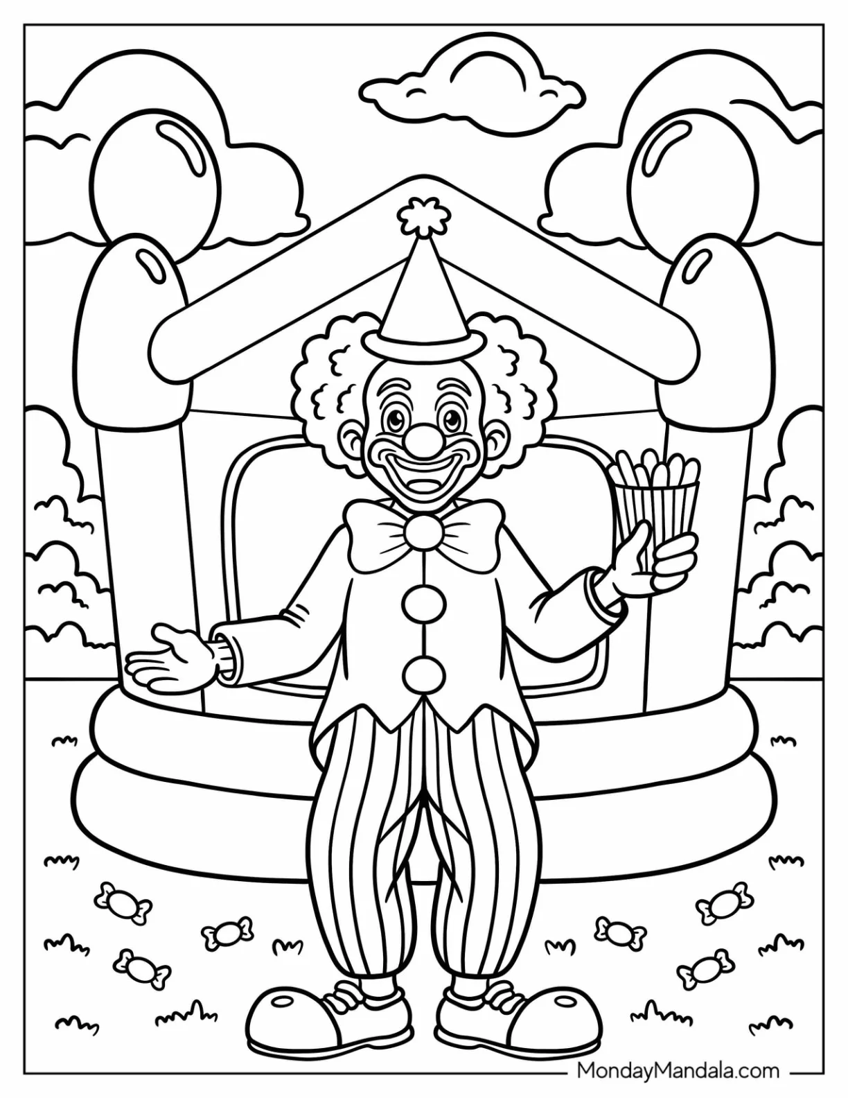 Grinning Clown Coloring Page With Striped Pants Holding A Snack coloring page — printable line art