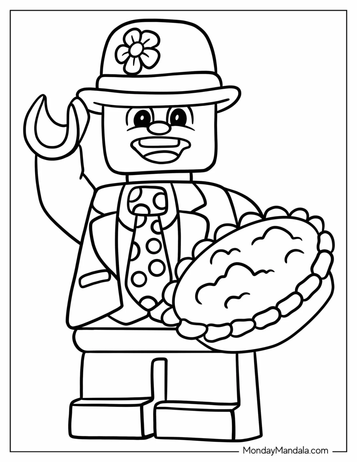 Lego Clown Coloring Page With Polka Dot Tie Holding A Large Pie For Kids coloring page — printable line art