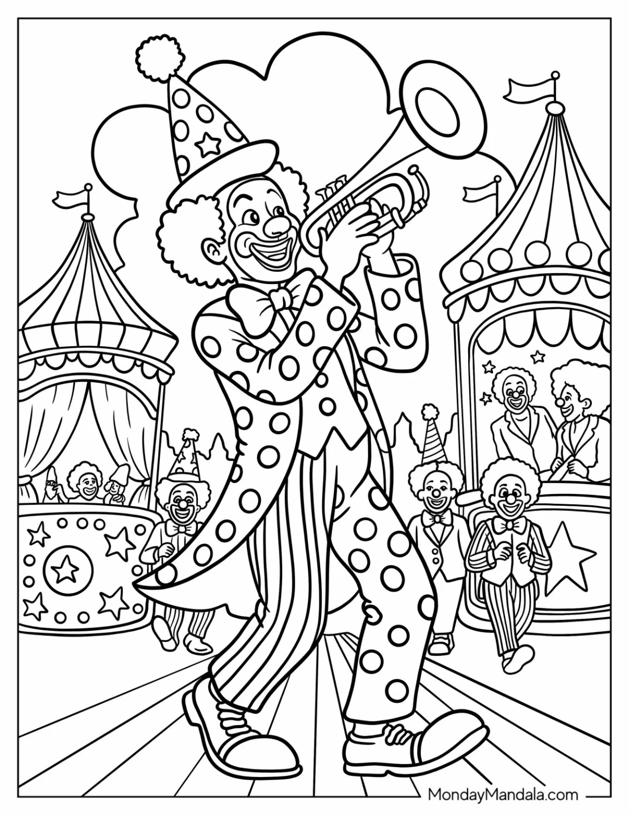 Musical Clown Coloring Page Playing The Trumpet coloring page — printable line art