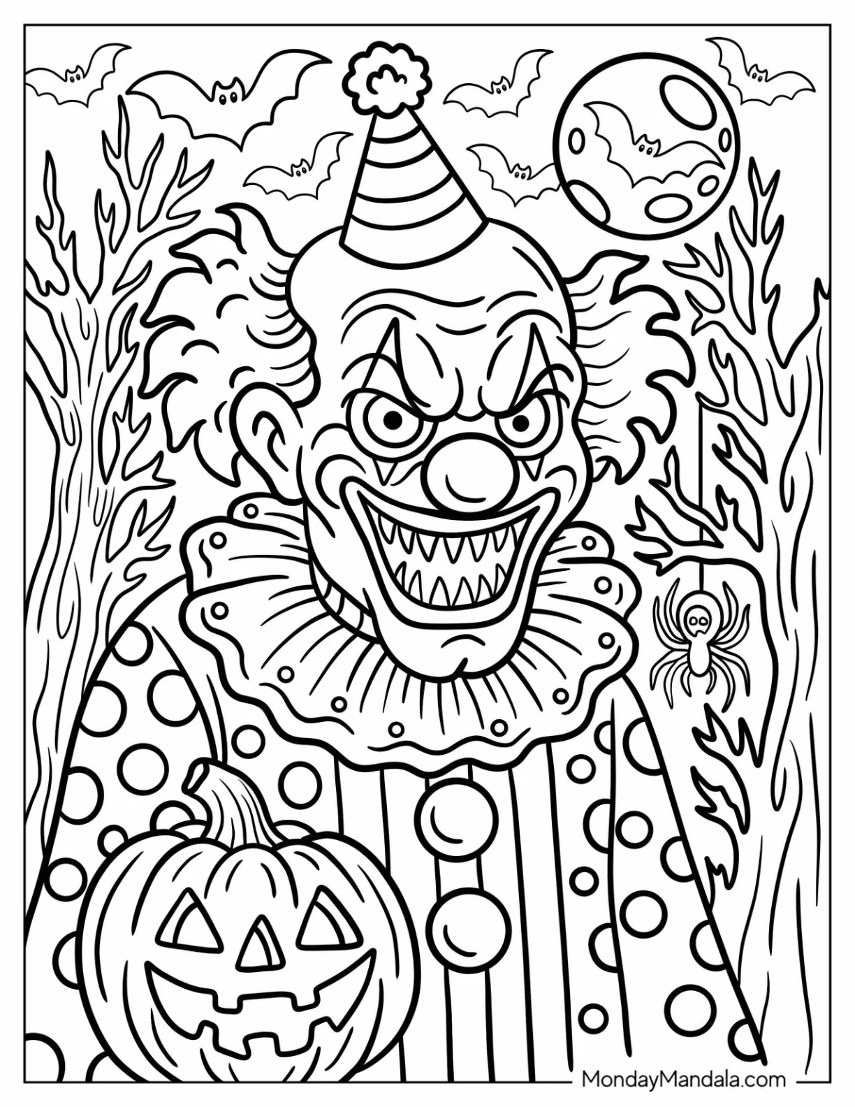 Scary Clown Coloring Page With Small Birthday Hat In Halloween coloring page — printable line art