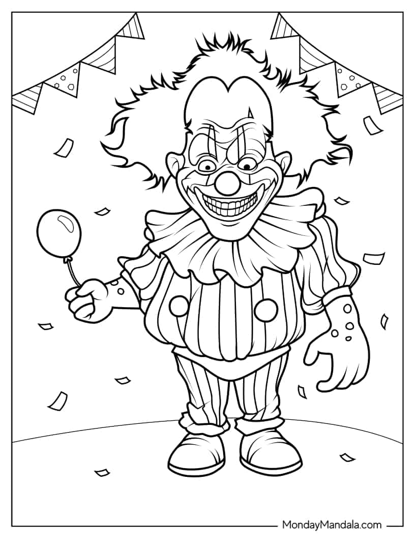 Scary Clown with Small Balloon Coloring Sheet coloring page