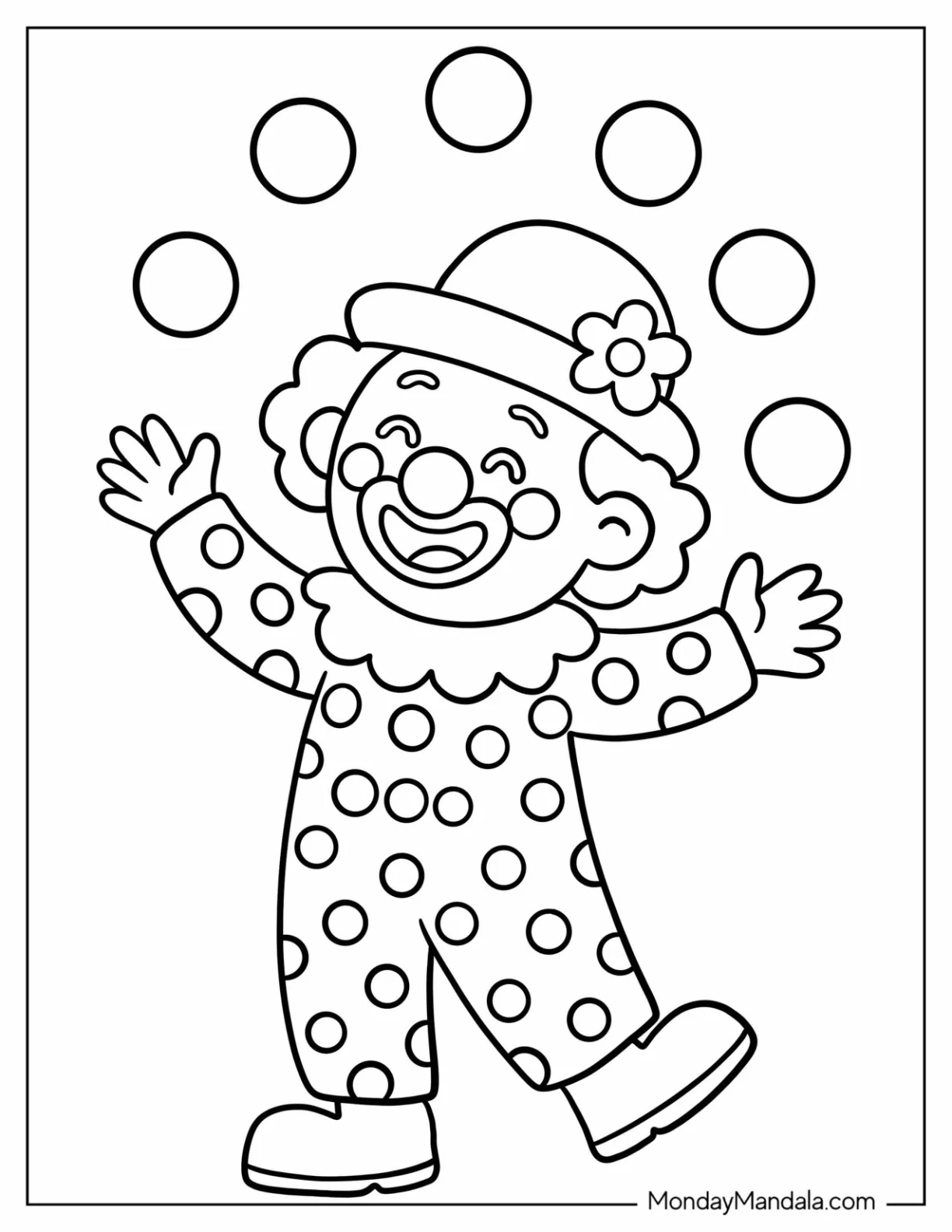 Simple Clown Coloring Page Juggling for Preschoolers coloring page — printable line art