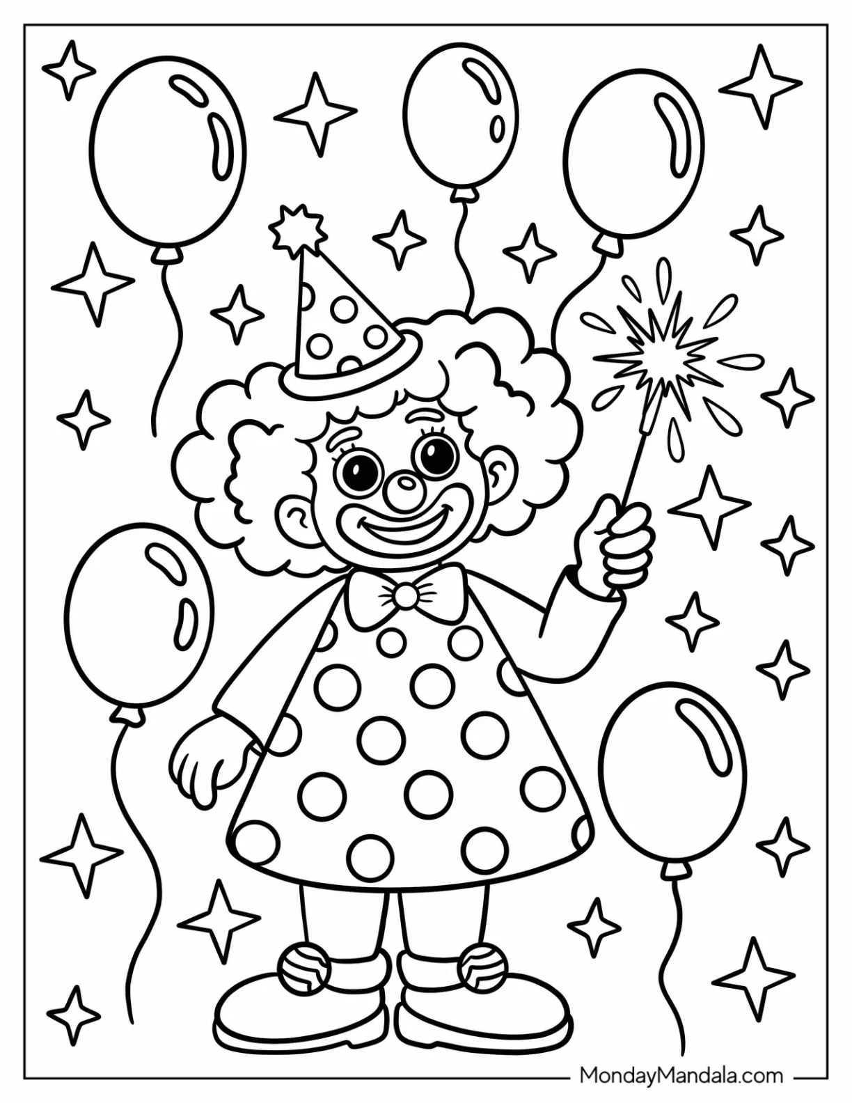 Smiling Clown Coloring Page Holding Up A Sparkler Surrounded By Balloons coloring page — printable line art