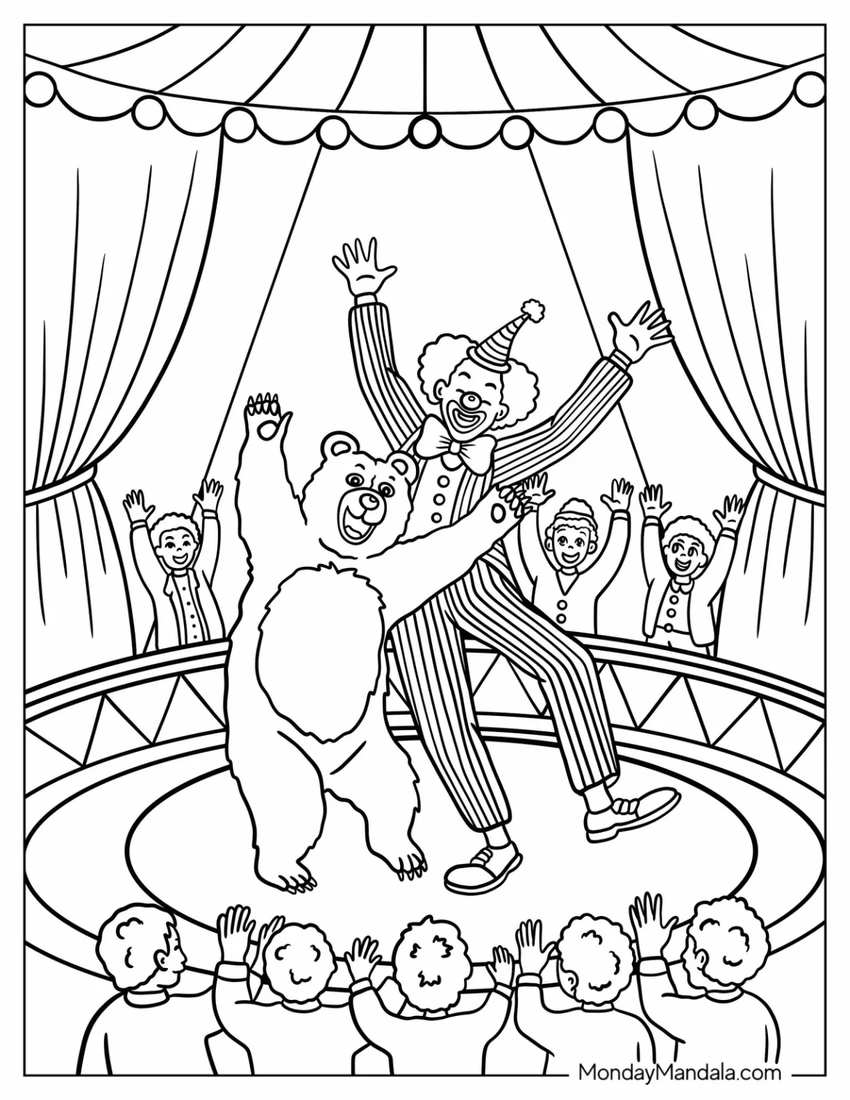 Young Bear Dancing With A Clown Coloring Page coloring page — printable line art