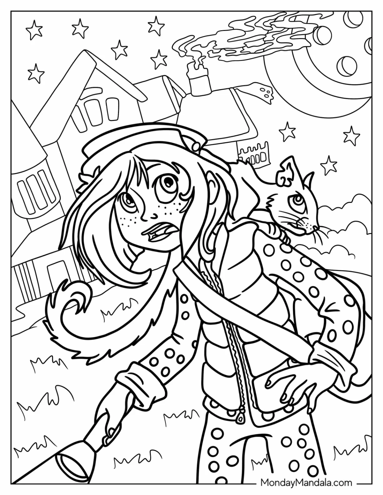 Cartoon Coraline Coloring Page With Cat In Other World coloring page