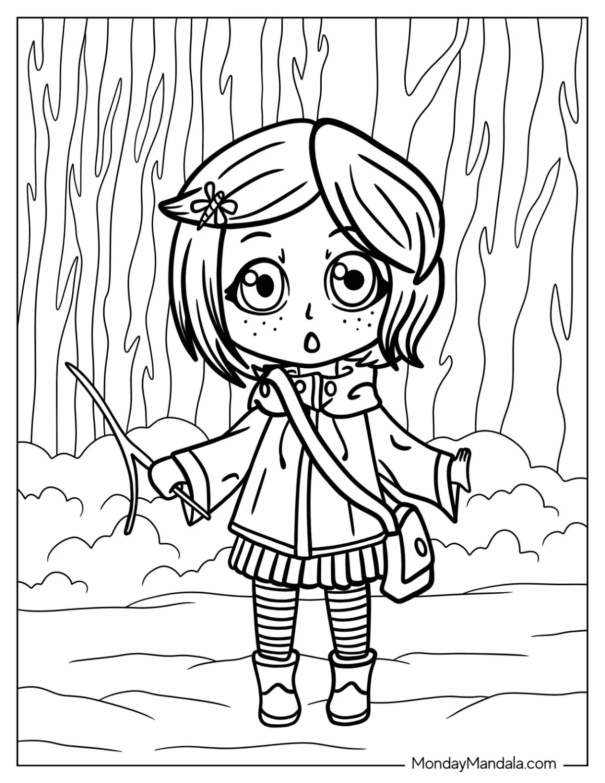 Chibi Coraline Coloring Page Holding Forked Stick For Preschoolers coloring page