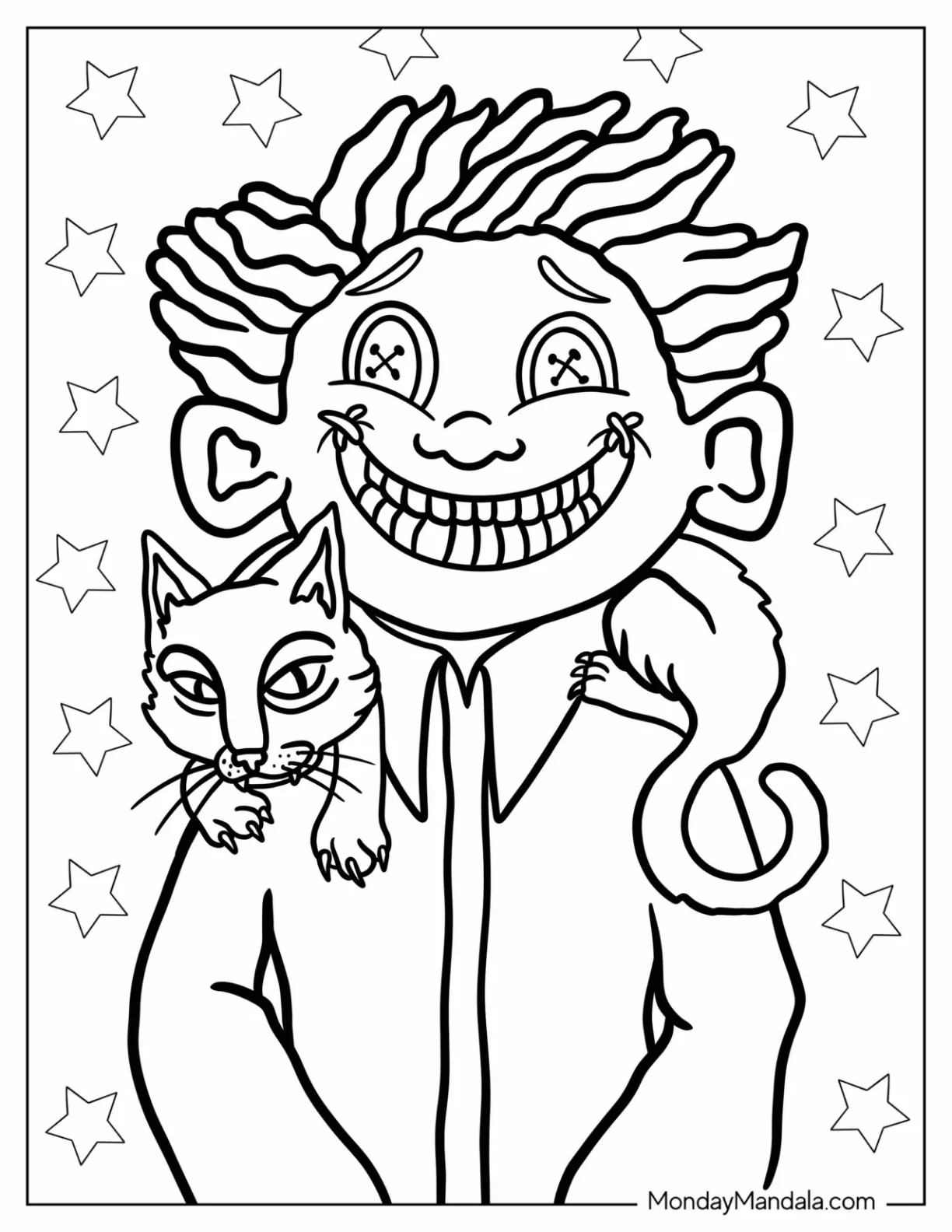 Coraline Coloring Page Of Creepy Other Wybie With Cat On His Shoulders coloring page