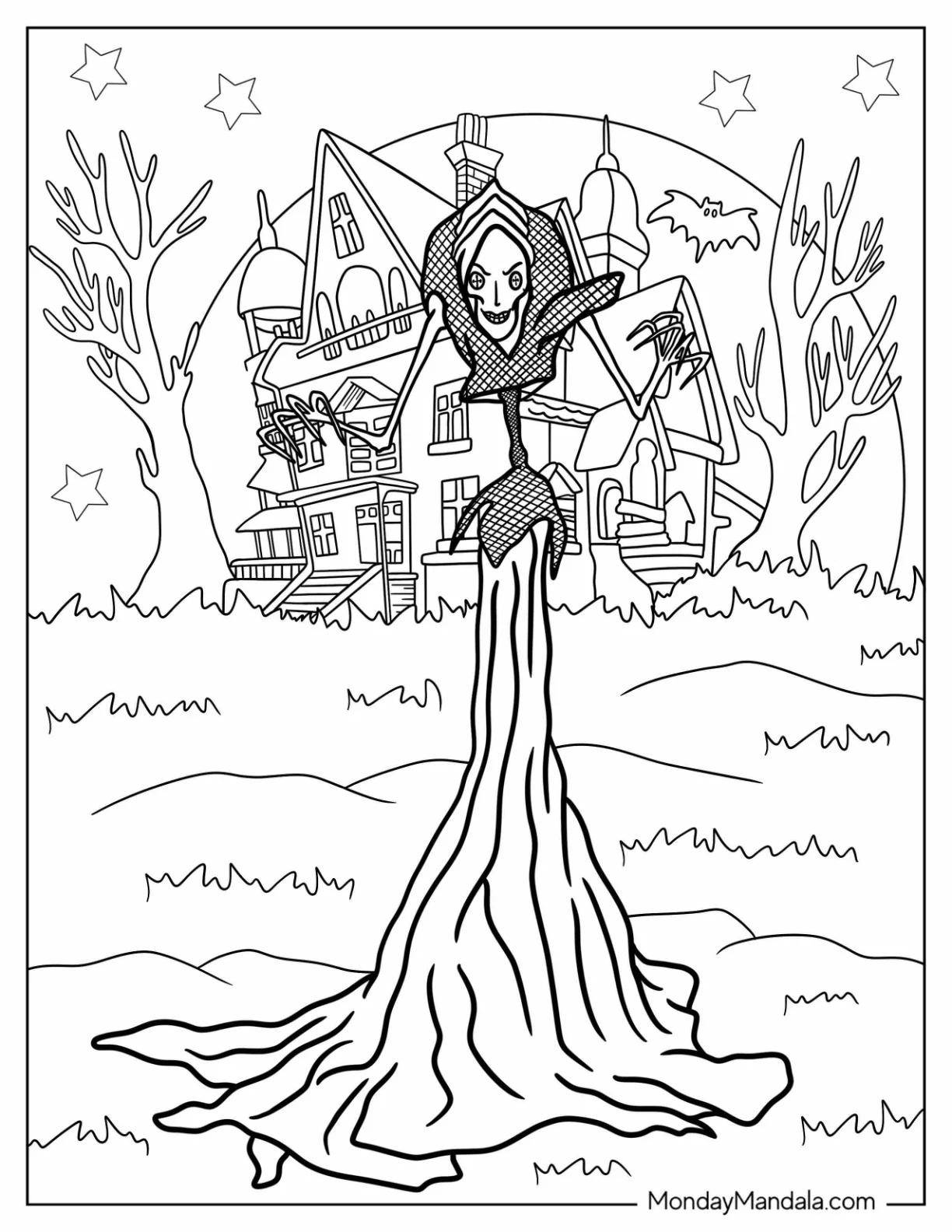 Coraline Coloring Page Of Scary Beldam Outside House coloring page