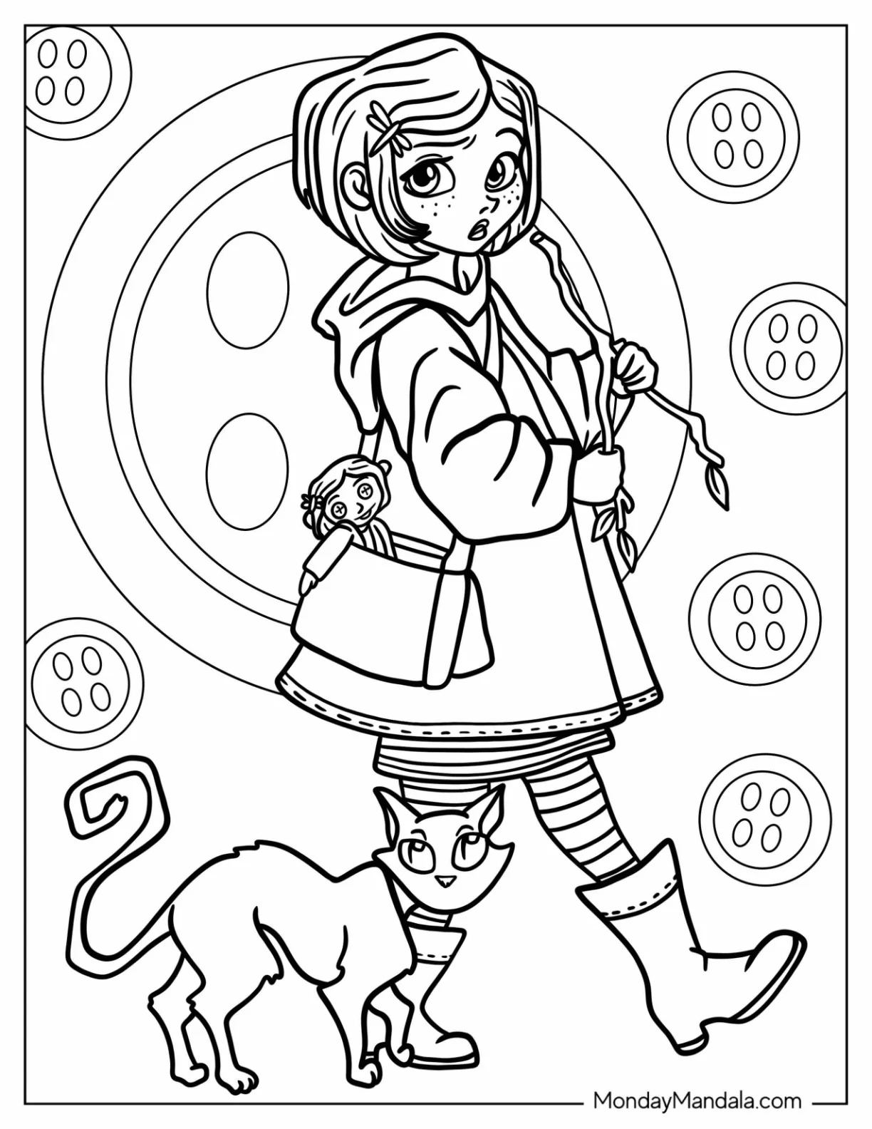 Coraline Coloring Page Walking With Cat And Doll coloring page — printable line art