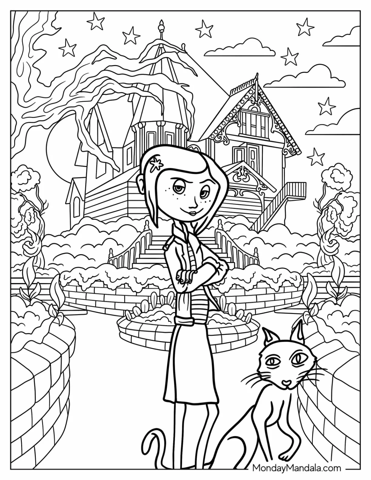Coraline Coloring Page With Cat Outside House coloring page